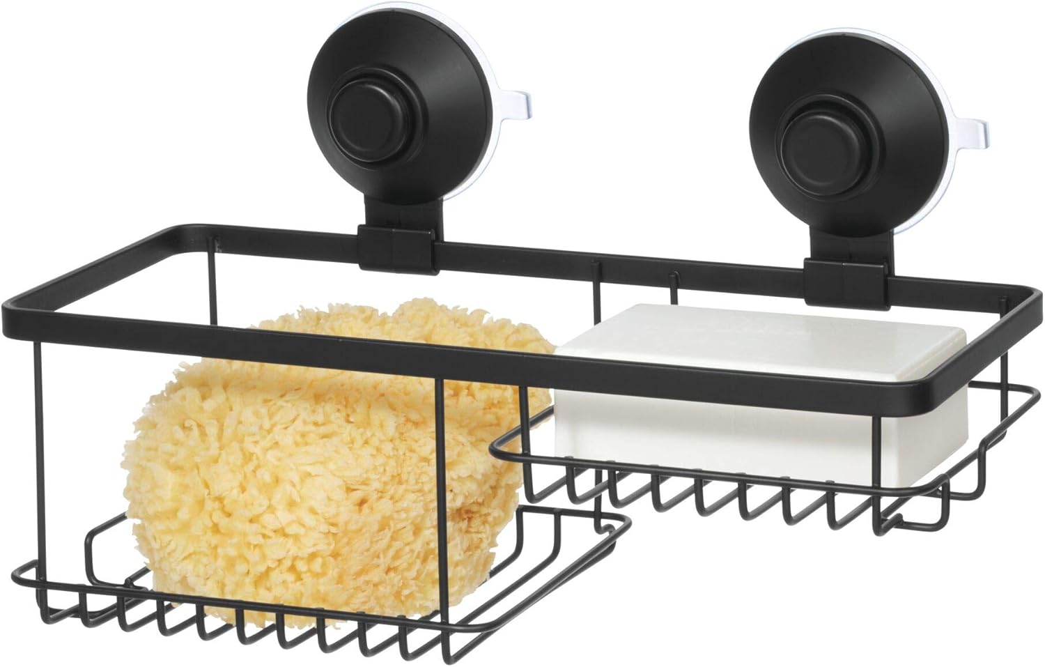 iDesign Everett Metal Push Lock Suction Shower Caddy, Extra Space for Shampoo, Conditioner, and Soap with Hooks for Razors, Towels, Loofahs, and More, 11.1 x 4.9 x 6.54, Matte Black