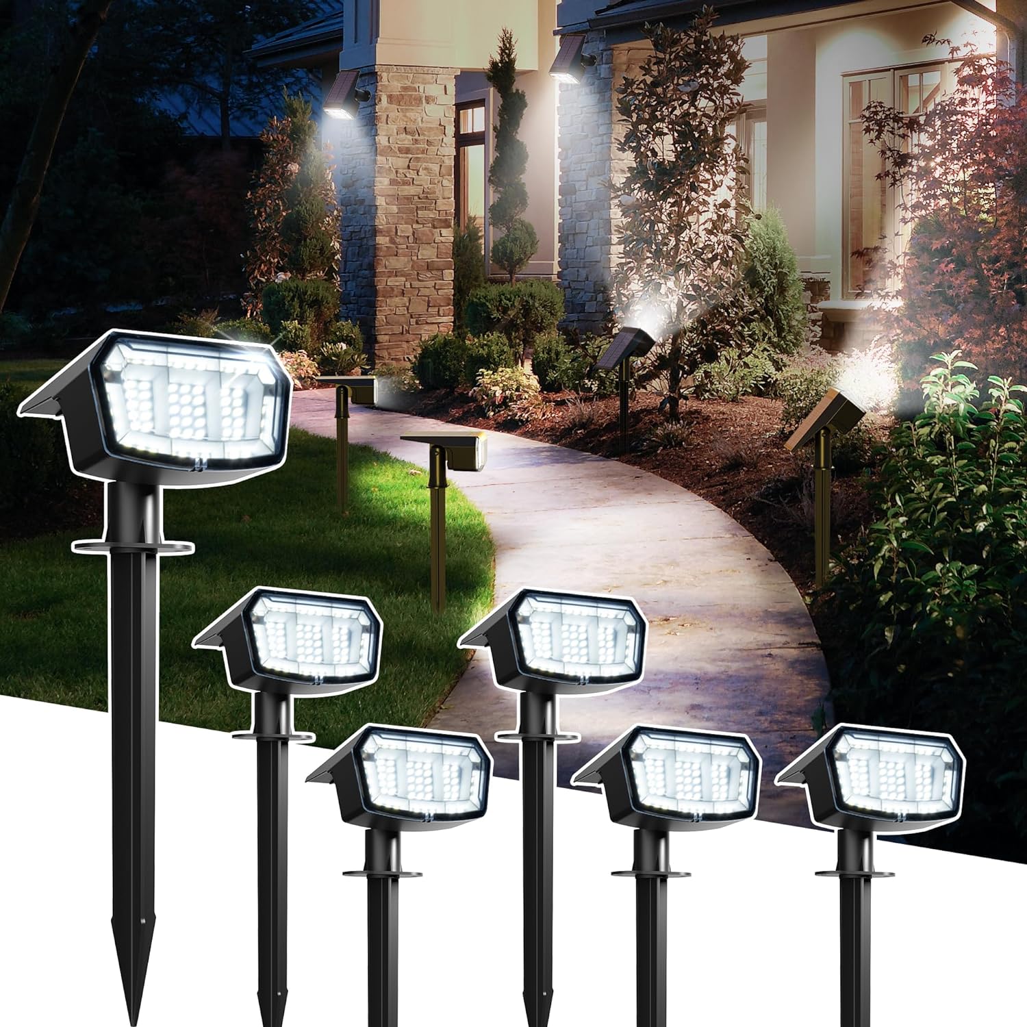 Solar Spot Lights Outdoor IP65 Waterproof 63 LED 3 Lighting Modes Solar Lights Outdoor for Yard, Garden, Pathway, Lawn, Landscape Solar Lights for Outside-6 Pack