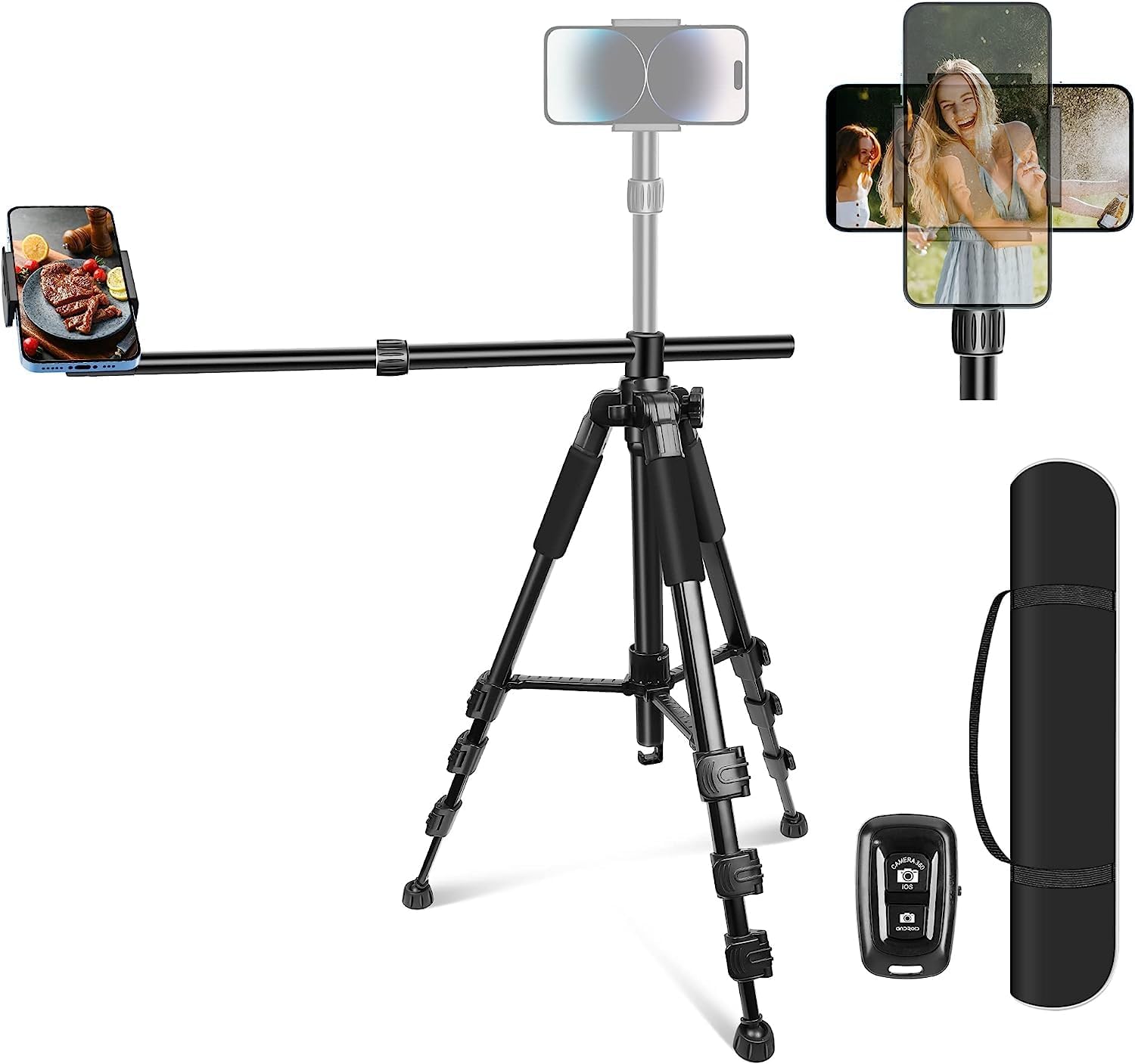 Elitehood iPhone Tripod for Overhead Video Recording [Heavy Duty & Ultra-Stable], 25in Horizontal Long Extendable Boom, 360° Rotation iPhone Tripod Stand with Remote, Vertical 71" Tall Phone Tripod