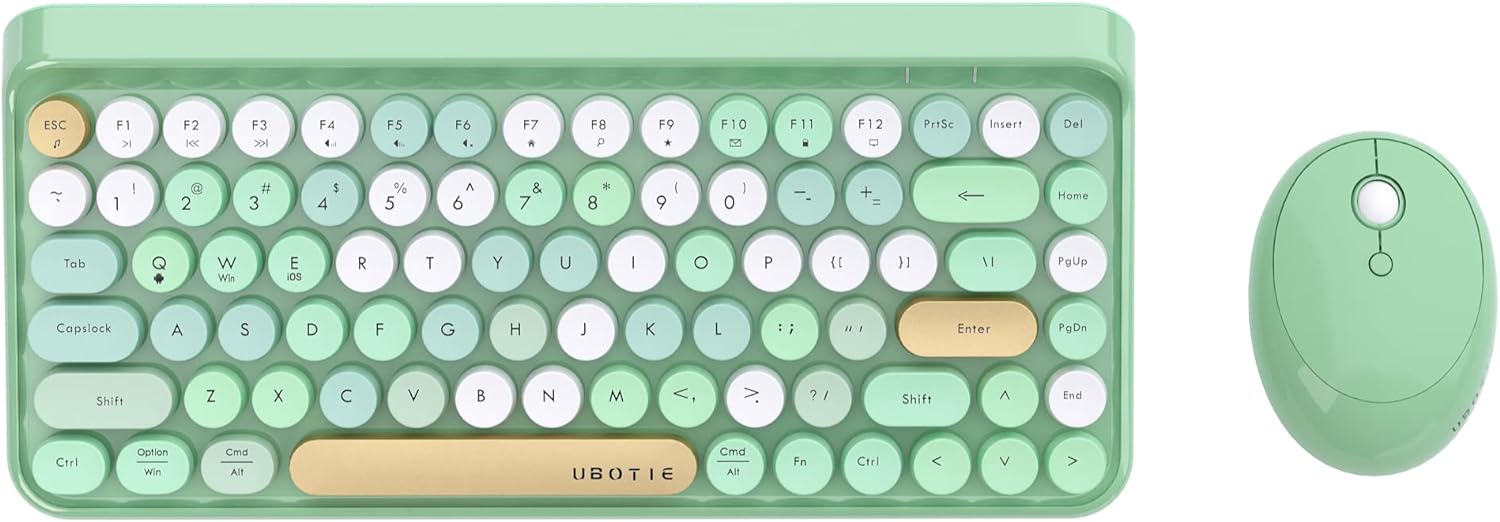 UBOTIE 84Keys Colorful Wireless Computer Keyboards and Mice Combos, Mini Compact Retro Typewriter Design Laptop Keyboards with 2.4GHz USB Nano (New Green-Colorful)