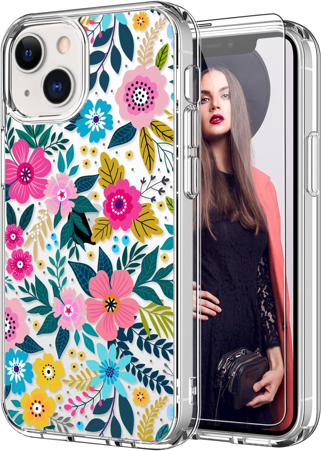 ICEDIO for iPhone 13 Case with Screen Protector,Slim Fit Crystal Clear Cover with Fashionable Designs for Girls Women,Protective Phone Case 6.1 Cute Colorful Blooming Floral