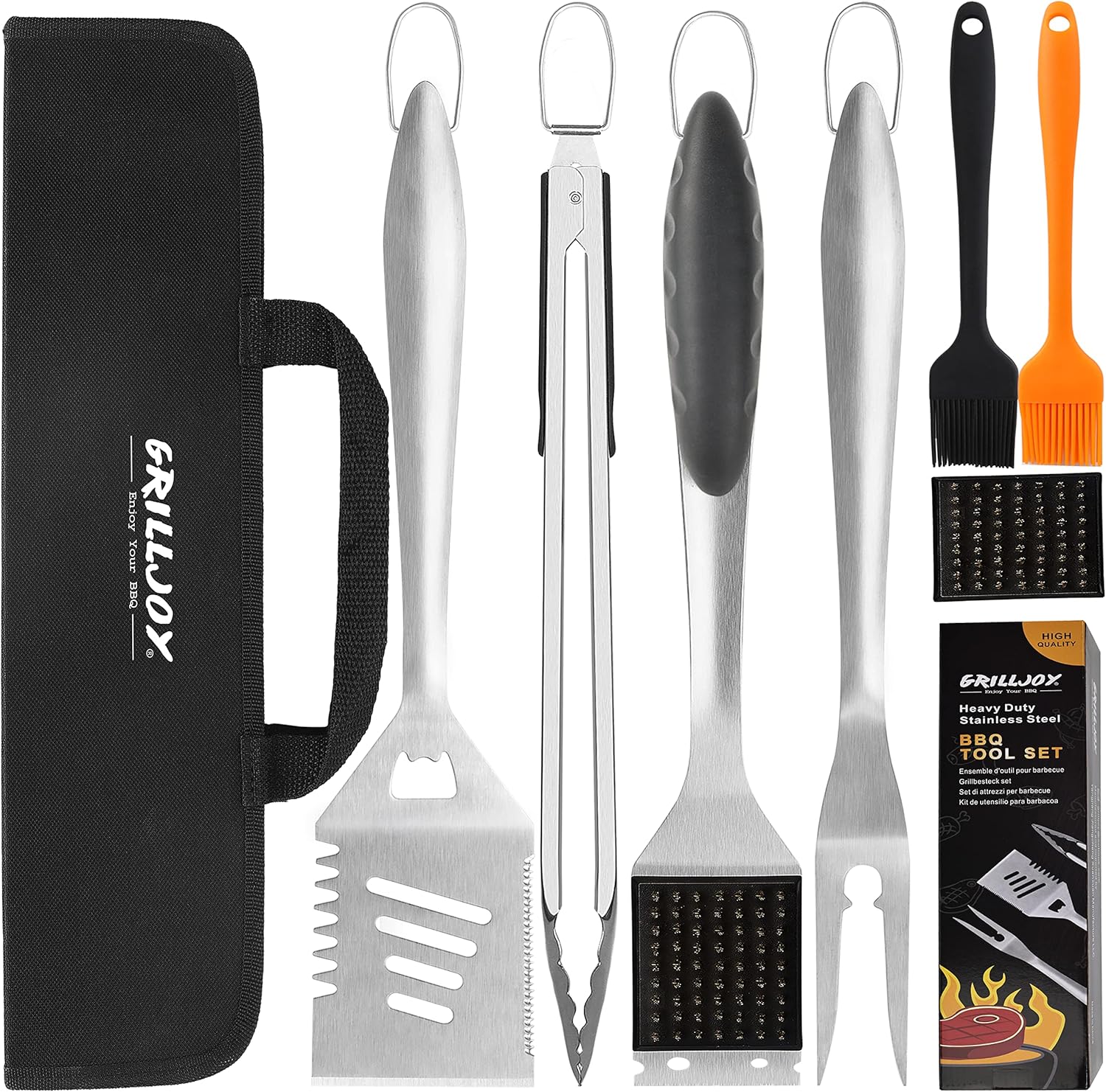 grilljoy 8PCS Heavy Duty BBQ Grill Tools Set with Extra Thick Stainless Steel Spatula, Fork, Tongs & Cleaning Brush - Complete Barbecue Accessories Kit with Portable Bag - Perfect Grill Gifts for Men