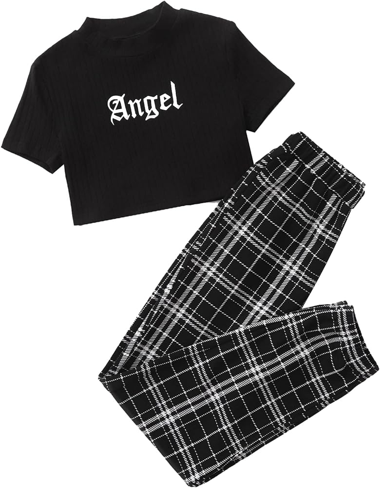 SOLY HUX Girl's Letter Print Short Sleeve Tee Top and Plaid Pants Set 2 Piece Outfits