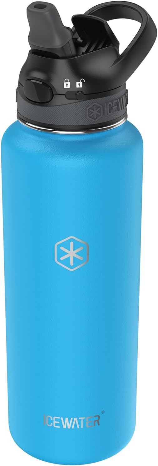 ICEWATER - 40 oz Insulated Water Bottle With Pop up Straw and Carrying Handle, Leakproof Lockable Lid with Soft Rubber Nozzle, One-hand Operation, Vacuum Stainless Steel, BPA-Free (Blue)