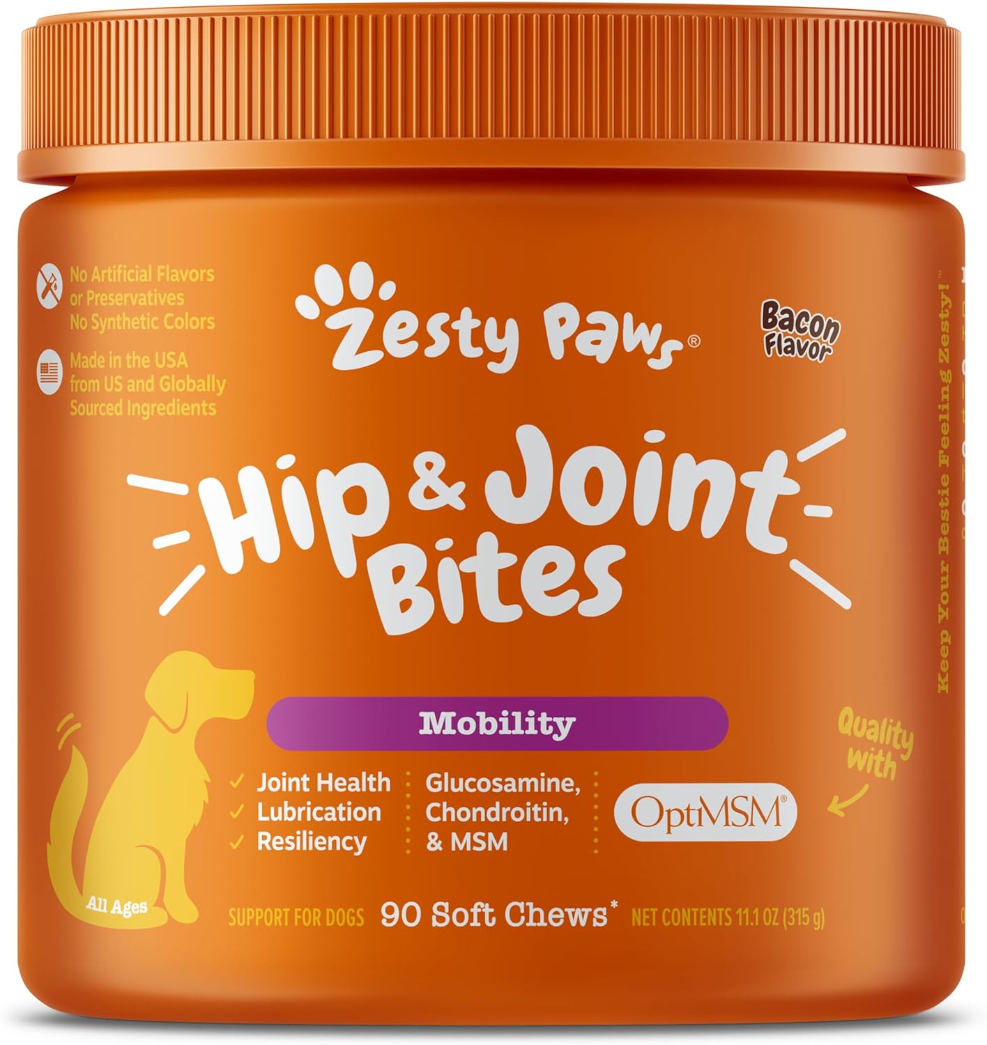 Zesty Paws Mobility Bites Dog Joint Supplement - Hip and Joint Chews for Dogs - Pet Products with Glucosamine, Chondroitin, & MSM   Vitamins C and E for Dog Joint Relief - Bacon  90 Count