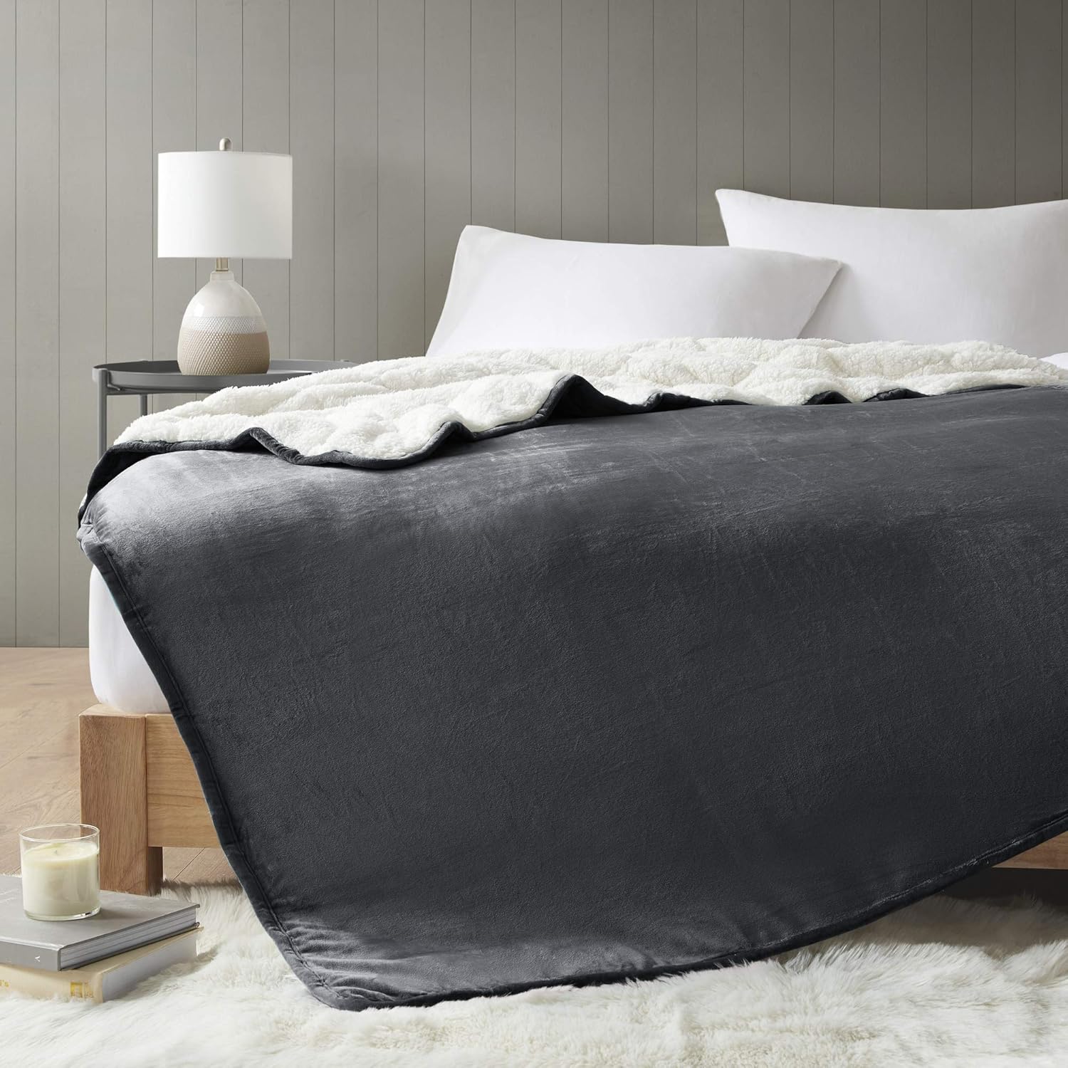 Comfort Spaces Reversible Weighted Blanket Adult-Glass Beads Filling All Season Soft Heavy Wraps-Box Quilted Cozy Warm Bed Cover, 60 x80 / 15lbs, Velvet to Sherpa Charcoal (CS50-1248)