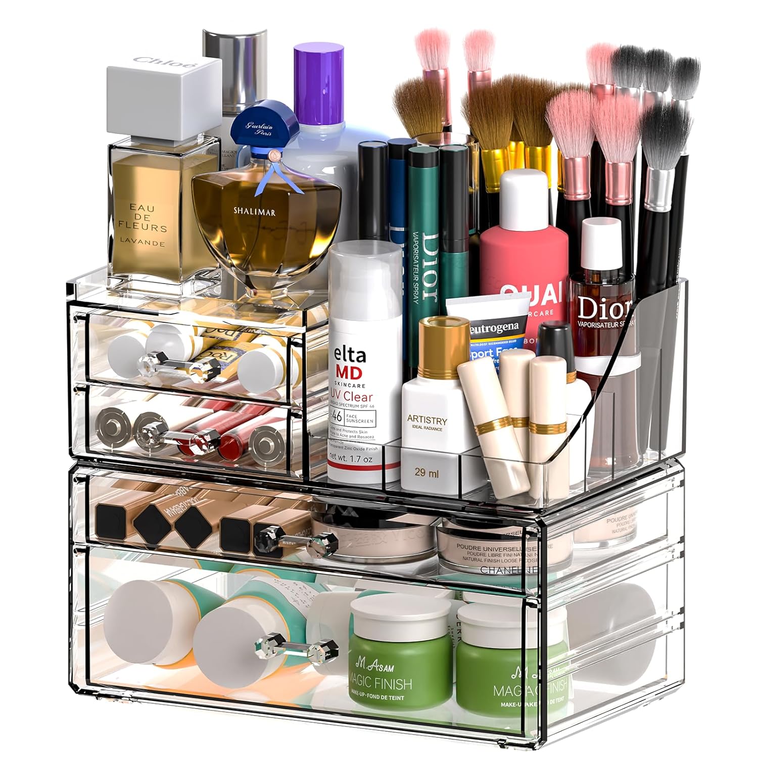 Cq acrylic Make Up Organizers for Vanity With 4 Drawers, 2 Pack Clear Drawer Organizers,Plastic Cute Desk Accessories Organization and Bathroom Organizers Storage Case Box Cube for Beauty,Skin Care