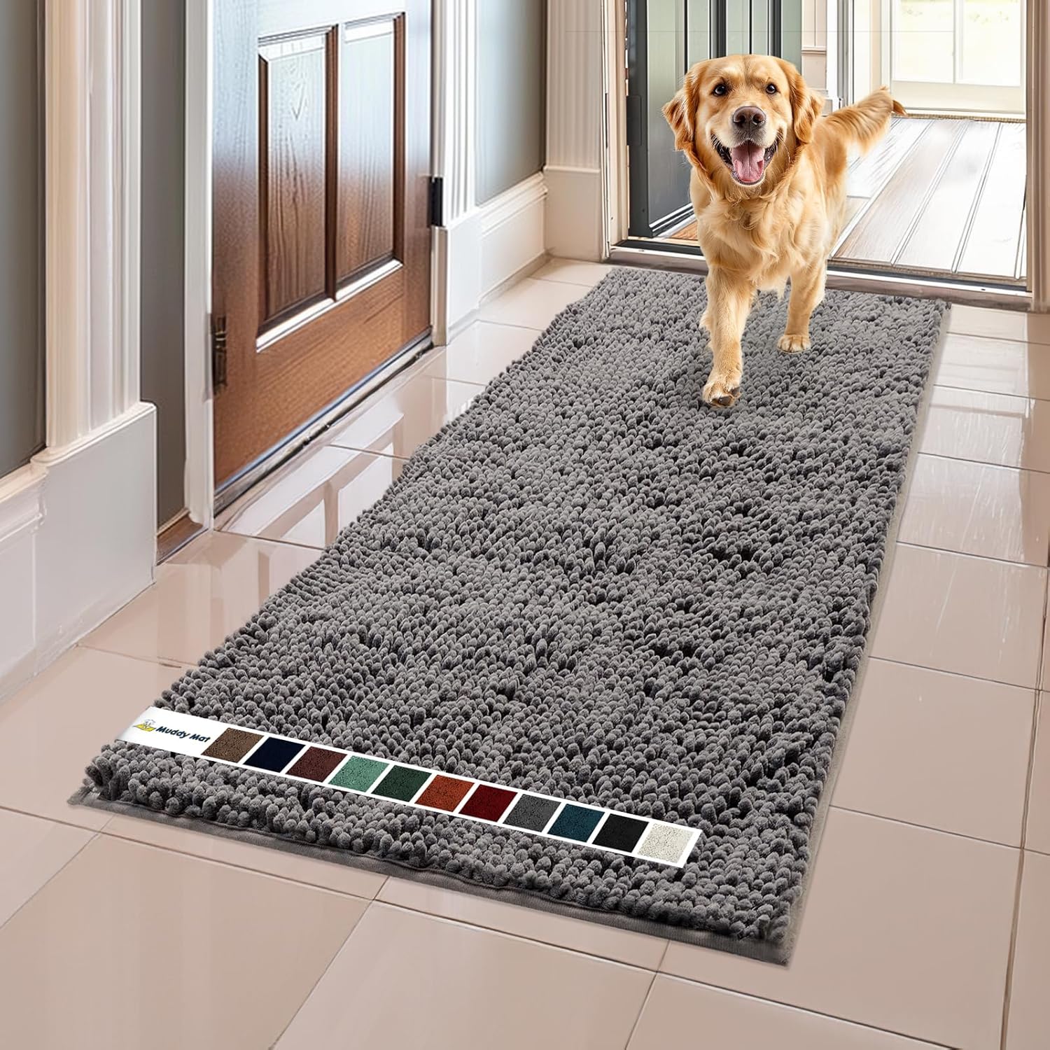 Muddy Mat Shown ON TV Highly Absorbent Microfiber Door Mat and Pet Rug Non Slip Thick Washable Area and Bath Mat Soft Chenille for Kitchen Bathroom Bedroom Indoor and Outdoor - Grey Runner 59X24