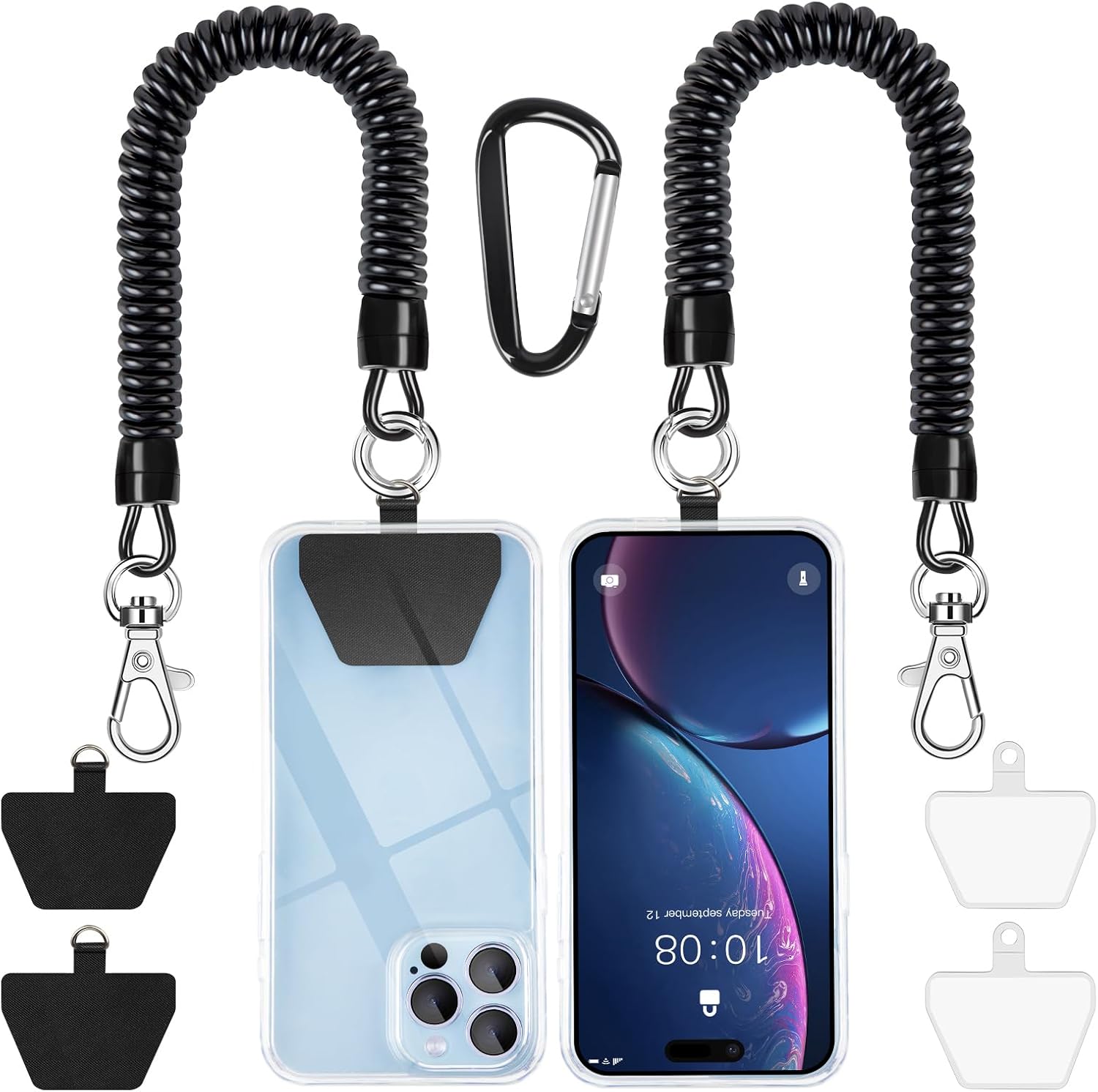 SHANSHUI Phone Lanyard Tether, Anti Theft Spring Phone Strap, 4 x Phone Pacthes & Climbing Hook Universal Phone Lanyard Fitting for All Smartphones - 2PCS Black