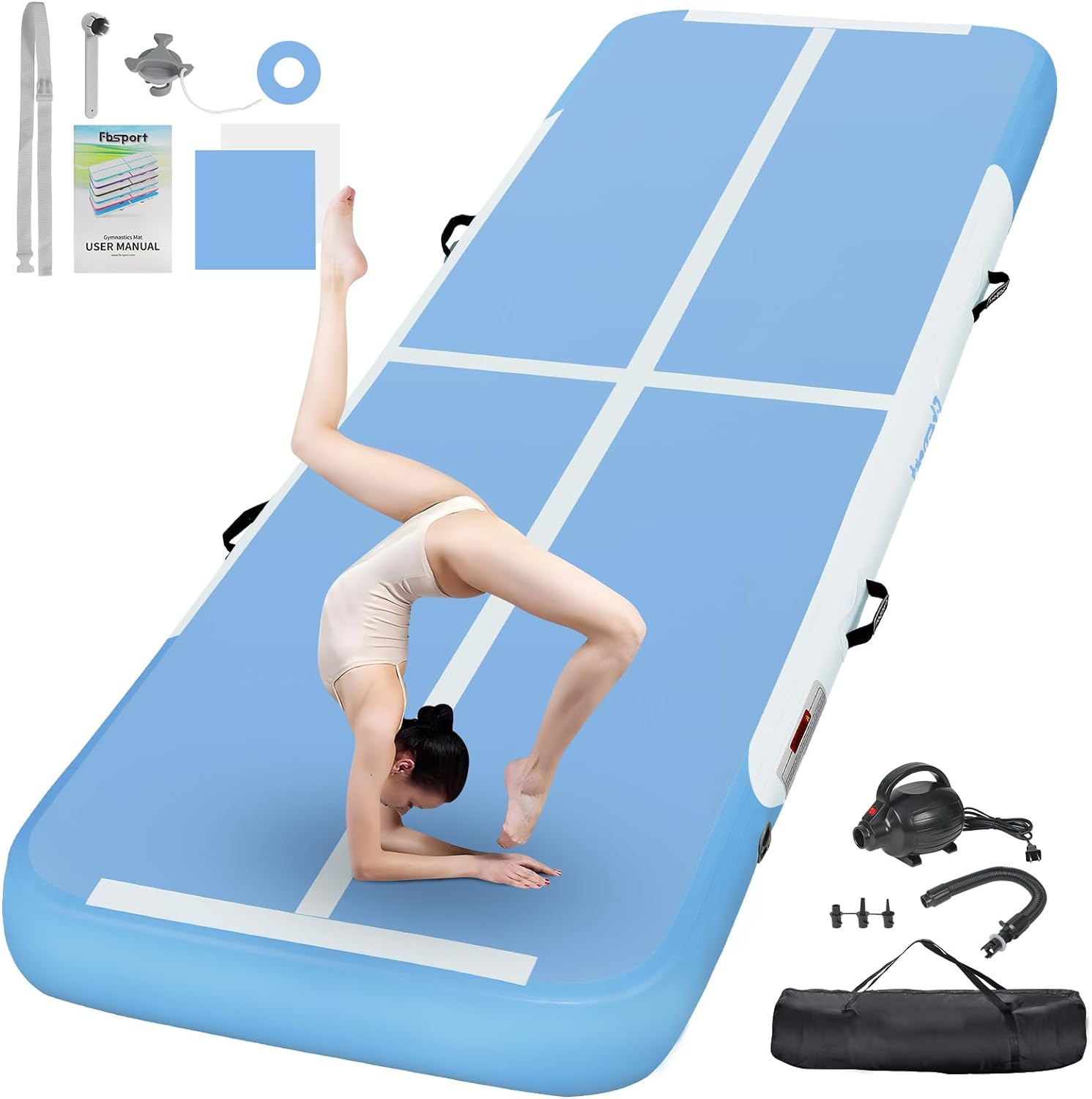 FBSPORT Inflatable Air Gymnastics Mat Training Mats 4/8 inches Thickness Gymnastics Tracks for Home Use/Training/Cheerleading/Yoga/Water with Pump