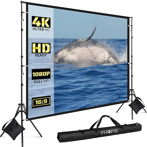 PHOPIK 120 inch Portable Indoor Outdoor Projector Screen with Stand Fordable & Wrinkle-Free Movie Screen with Carry Bag for Home Theater Camping and Recreational Events