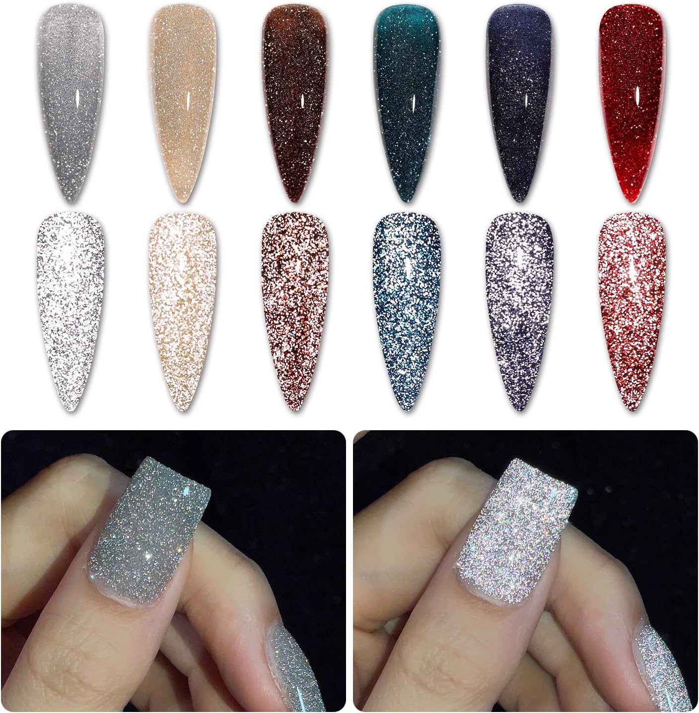 GAOY Reflective Glitter Gel Nail Polish Set of 6 Colors Including Red Brown Blue Holographic Glitter Gel Polish Kit UV LED Soak Off Sparkly Home DIY Manicure Nail Salon Shiny Varnish