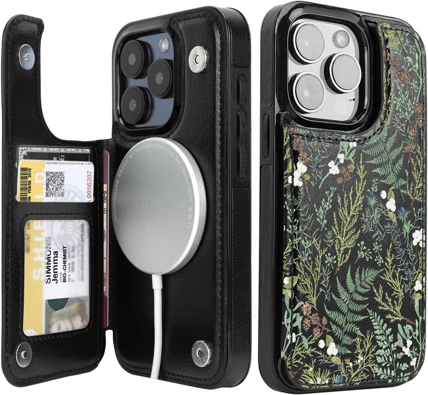 uCOLOR for iPhone 15 Pro 6.1 Wallet Case Magsafe with Card Holder SlotCompatible with MagSafe Folio Flip PU Leather Double Magnetic RFID Design with Camera Lens Protector (Ferns)