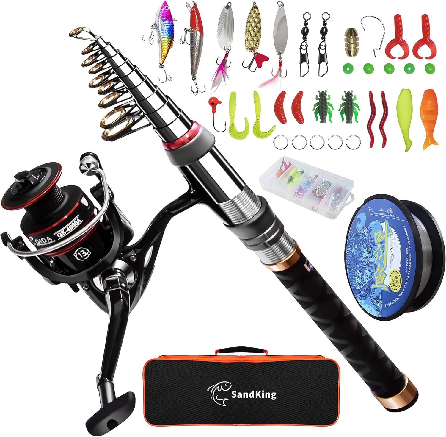 Fishing Pole Kit, Carbon Fiber Telescopic Fishing Rod and Reel Combo with Spinning Reel, Line, Bionic Bait, Hooks and Carrier Bag, Fishing Gear Set for Beginner Adults Saltwater Freshwater