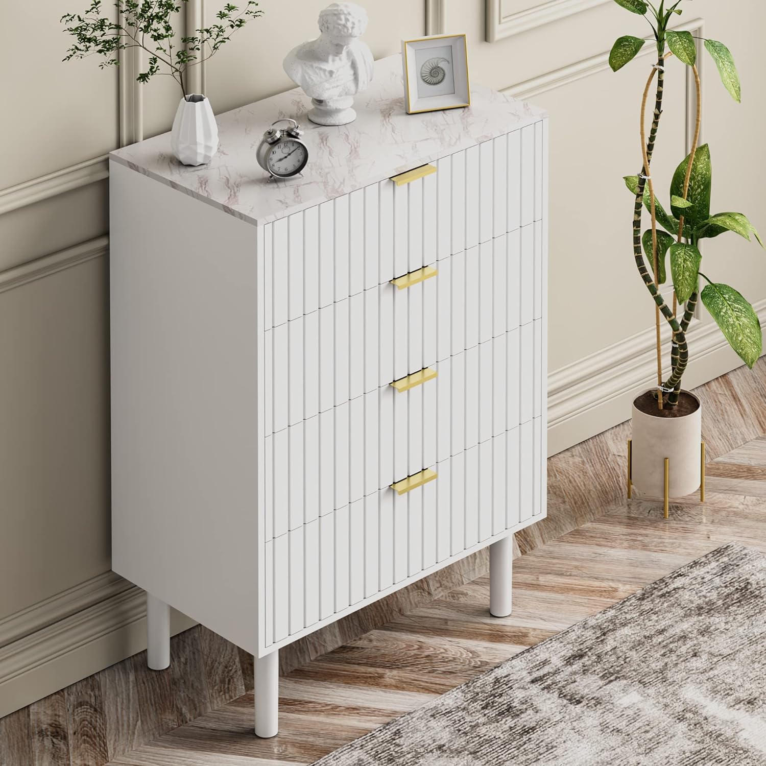 UEV 4 Drawer Dresser,Bedroom White Dresser,Chest of Drawers with Imitation Marble Texture Top & Gold Metal Handles for Bedroom,Living Room (White)