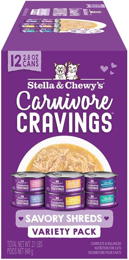 Stella & Chewys Carnivore Cravings Savory Shreds Canned Wet Cat Food Variety Pack  (2.8 Ounce Cans, Case of 12)