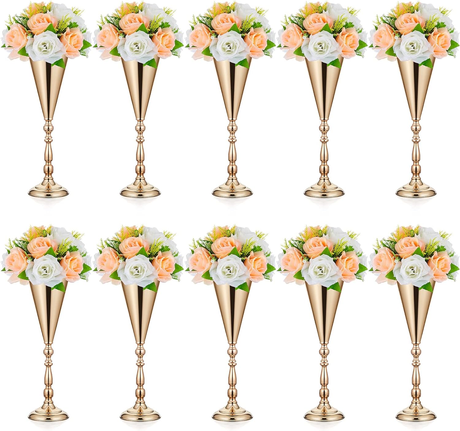 10 Pcs Gold Vase Bulk Wedding Centerpiece Table Decorations Metal Flower Arrangement Stand for Reception, 16.5 Inch Trumpet Tall Flower Vase for Birthday, Weddings, Anniversary, Home Decoration