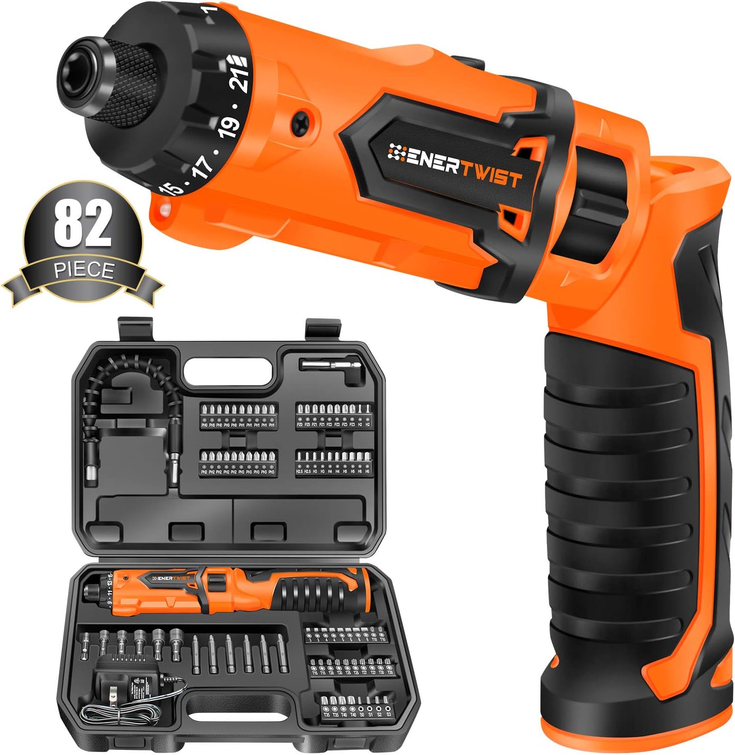 ENERTWIST Cordless Screwdriver, 8V Max 10Nm Electric Screwdriver Rechargeable Set with 82 Accessory Kit and Charger in Carrying Case, 21 1 Cluth, Dual Position Handle, LED Light, ET-CS-8