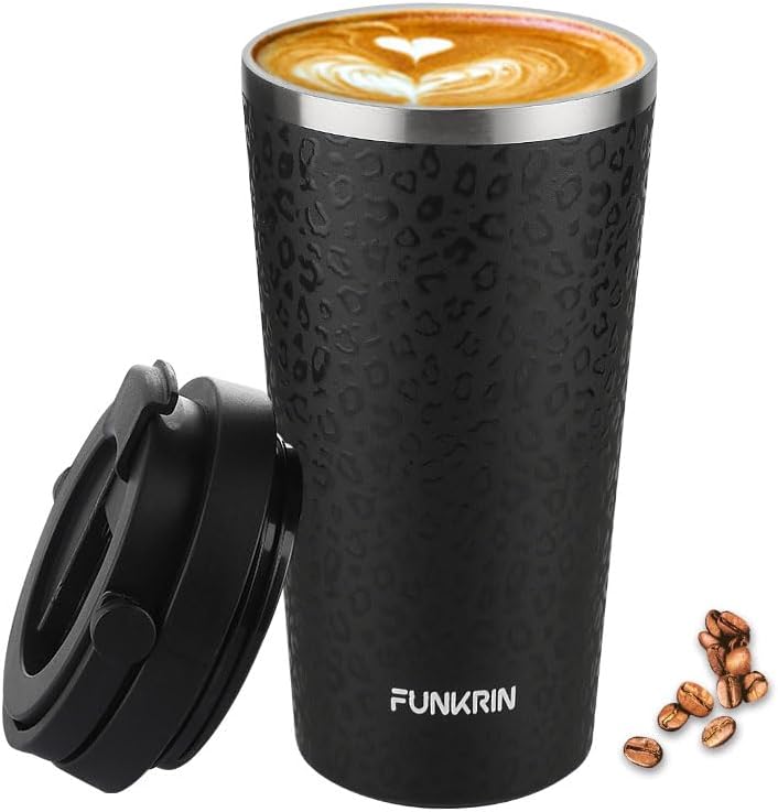 Funkrin Insulated Coffee Mug with Ceramic Coating, 16oz Iced Coffee Tumbler Cup with Flip Lid and Handle, Double Wall Vacuum Leak-Proof Thermos Mug for Travel Office School Party Camping