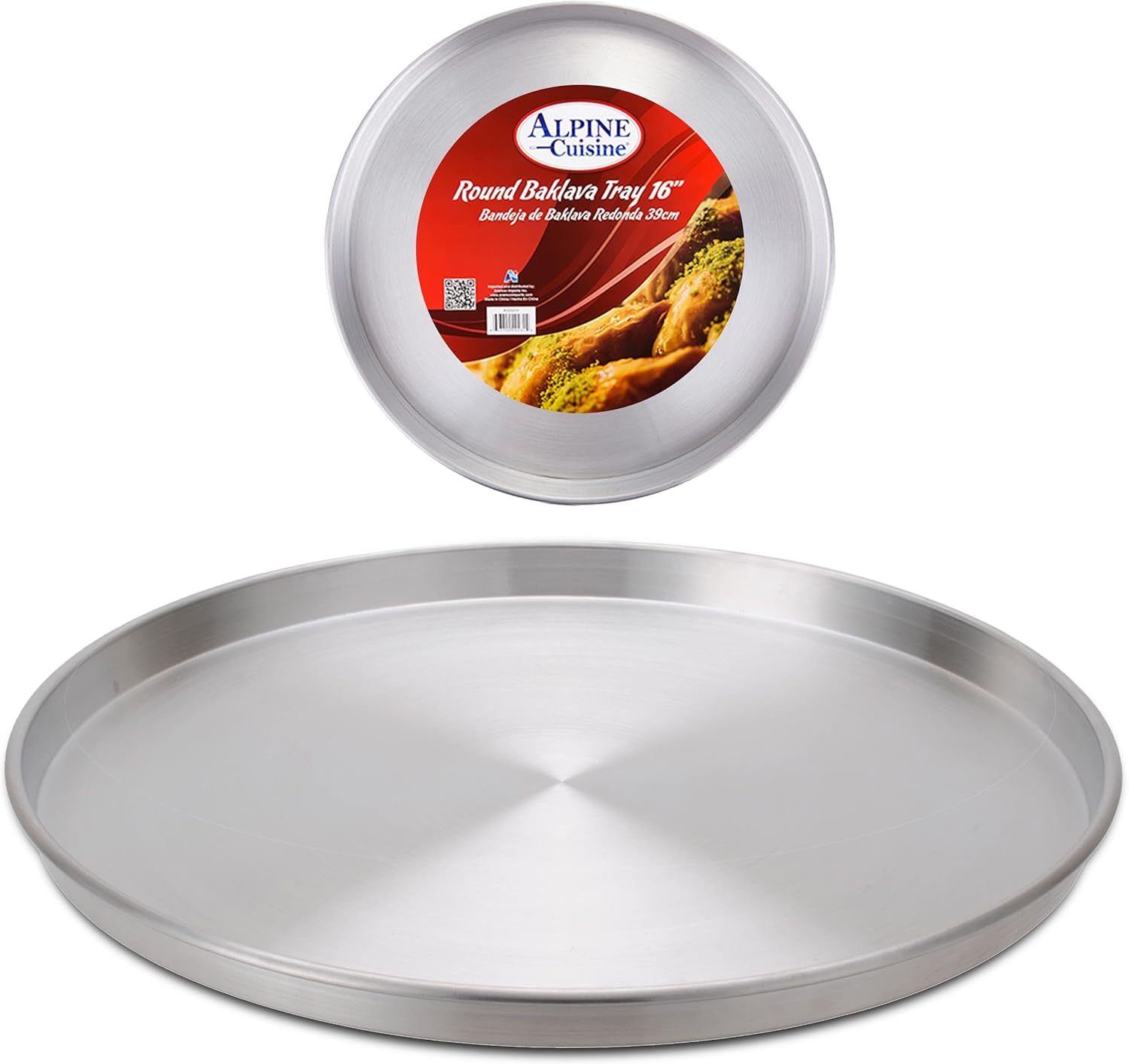 Alpine Cuisine Aluminum Round Baklava Tray 16-inch - Bakeware Pizza Cooking Pan for Oven - Durable Round Pizza Tray For Pie Cookie - Healthy & Heavy Duty, Rust Free & Dishwasher Safe