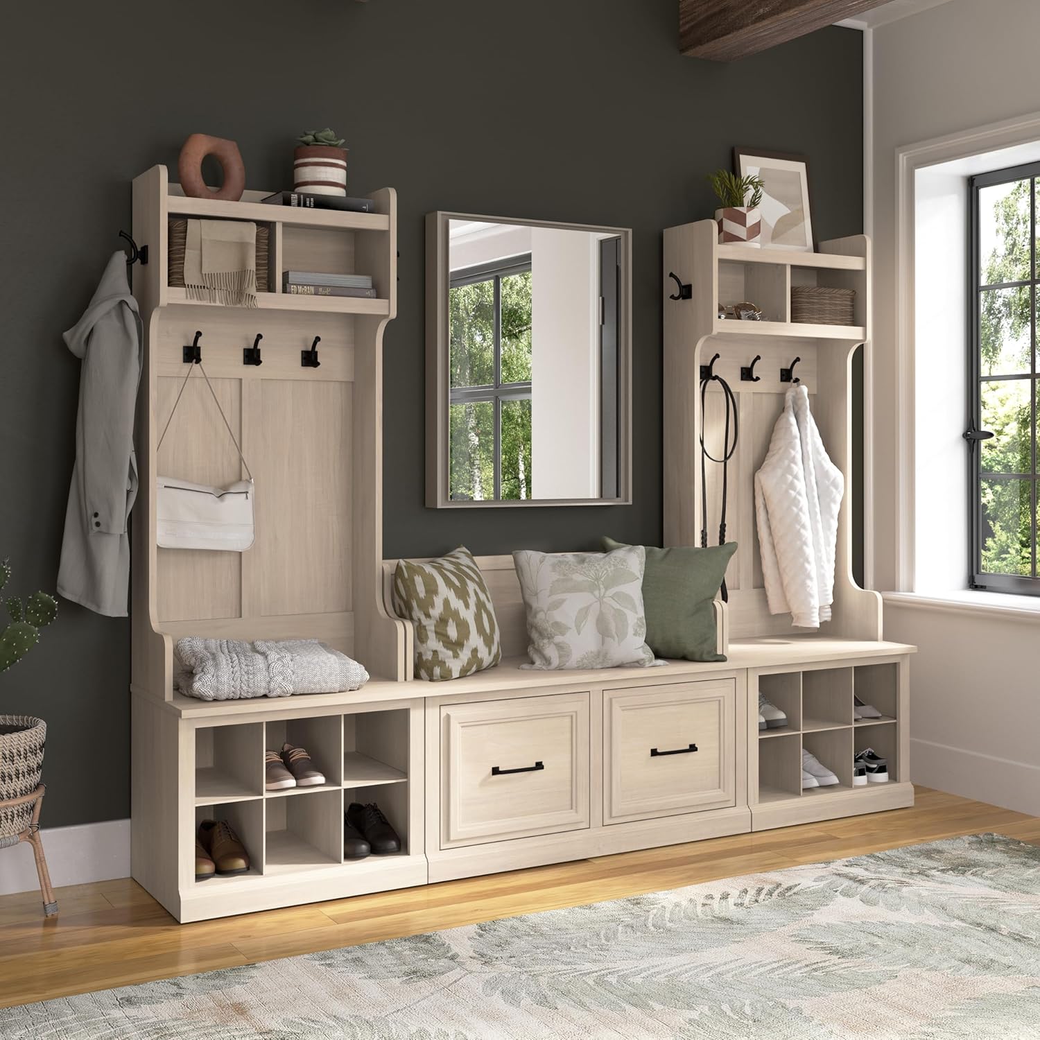 Bush Furniture Woodland Entryway Storage Set with Hall Trees and Shoe Bench with Doors | Mudroom Organizer for Footwear, Clothing, Small, White Washed Maple