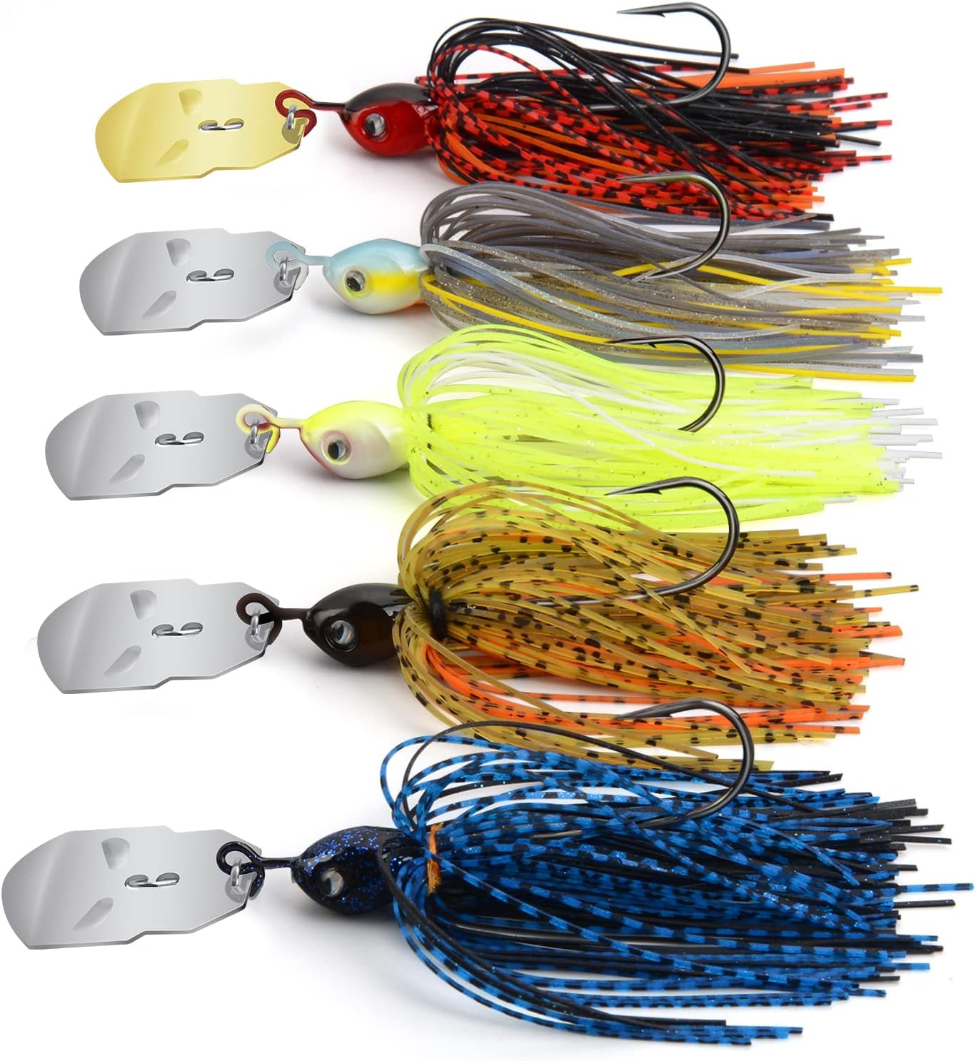 MadBite Bladed Jig Fishing Lures, 5 pc and 3 pc Multi-Color Kits, Irresistible Vibrating Action, Sticky-Sharp Heavy-Wire Needle Point Hooks, Popular 3/8 oz and 1/2 oz Sizes, Includes Storage Box