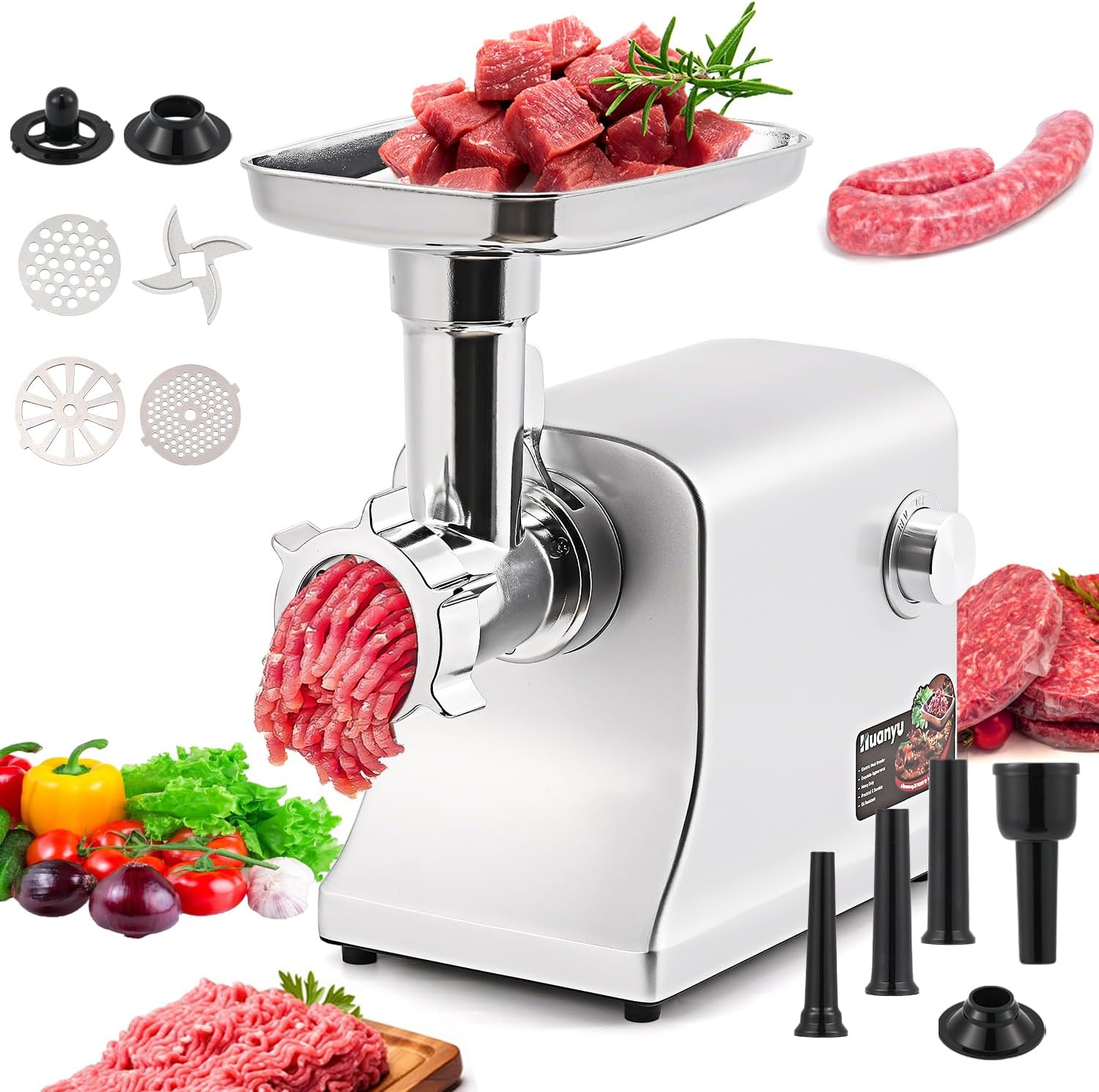 Huanyu Meat Grinder Electric 2800W Max Meat Mincer with Stainless Steel 2 Blades&3 Plates, 3 Sausage Stuffers, Kubbe Kits Heavy Duty Food Grinding Machine for Home Kitchen & Commercial Using