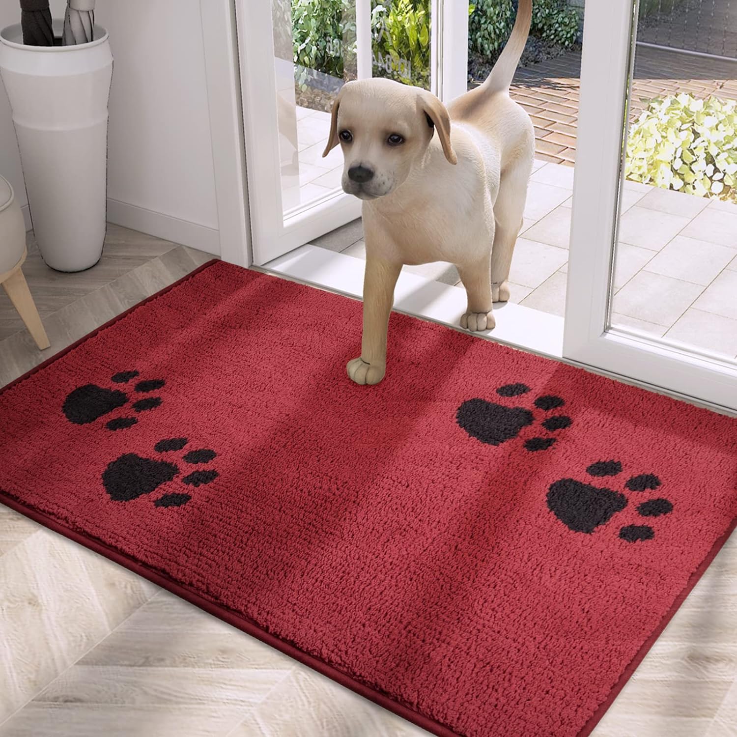 PURRUGS Dirt Trapper Door Mat 24" x 35.5", Non-Skid/Slip Machine Washable Microfiber Entrance Rug, Shoes Scraper, Dog Door Mat, Super Absorbent Floor Mat for Muddy Wet Shoes and Paws, Red