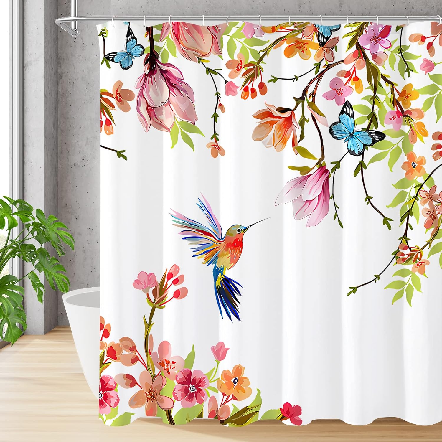 Gibelle Spring Floral Hummingbird Shower Curtain for Bathroom, Watercolor Flower Bird Fabric Shower Curtain Modern Art Decor Machine Washable Waterproof Shower Curtain Set with Hooks 72"x72"