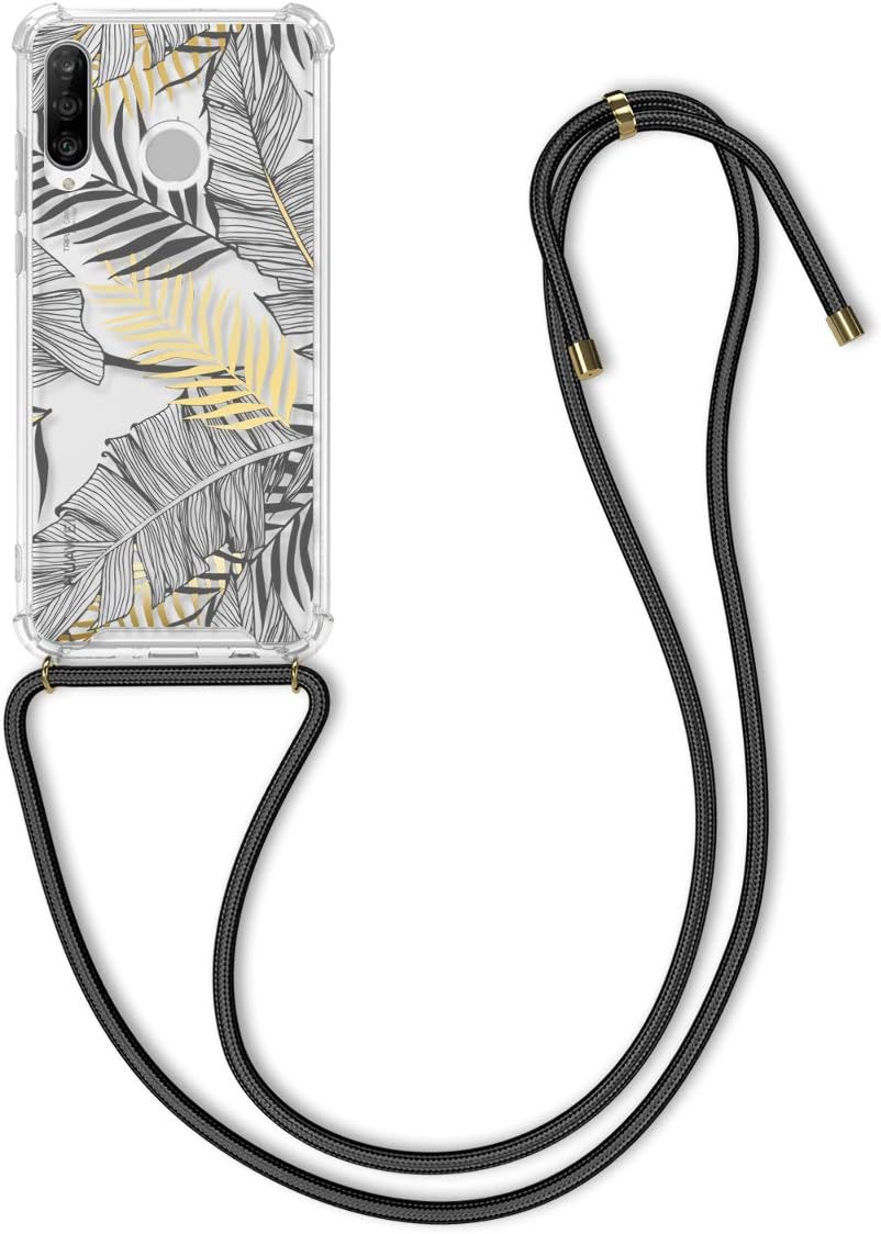 kwmobile Crossbody Case Compatible with Huawei P30 Lite Case Strap - Palm Leaves Yellow/Grey/Transparent