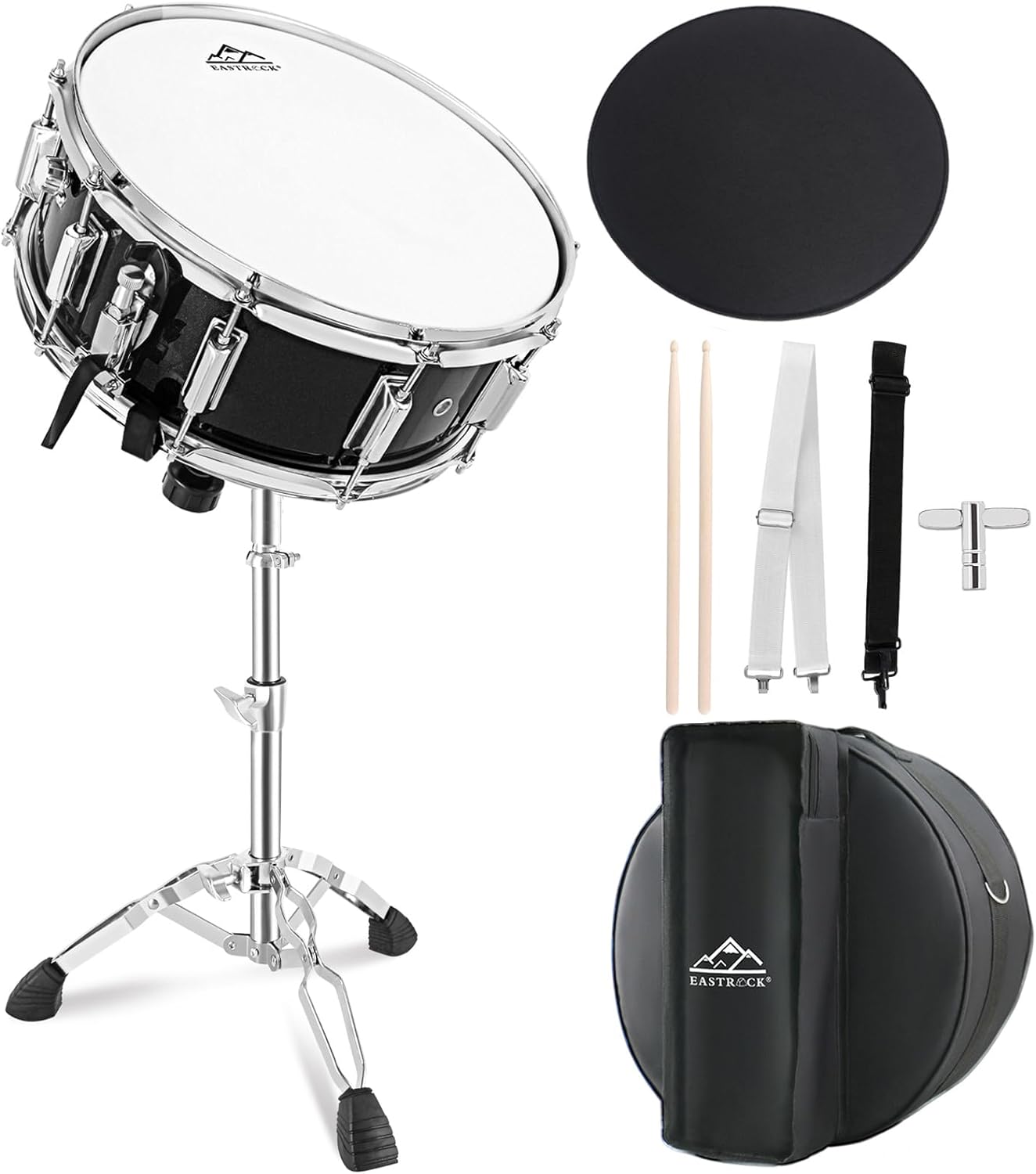 EASTROCK Snare Drum Set 14X5.5 Inches for Student Beginners with Gig Bag, Drumsticks, Stand, Drum Keys, Coated Material Drum Head, Black