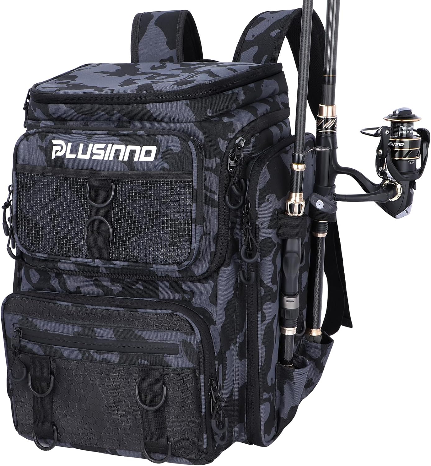 PLUSINNO Fishing Backpack with Rod Holders, 42L Large Water-resistant Fishing Tackle Bag Store Fishing Gear for Fishing, Camping, Hiking, Fishing Gifts for Men Father, Black Camo