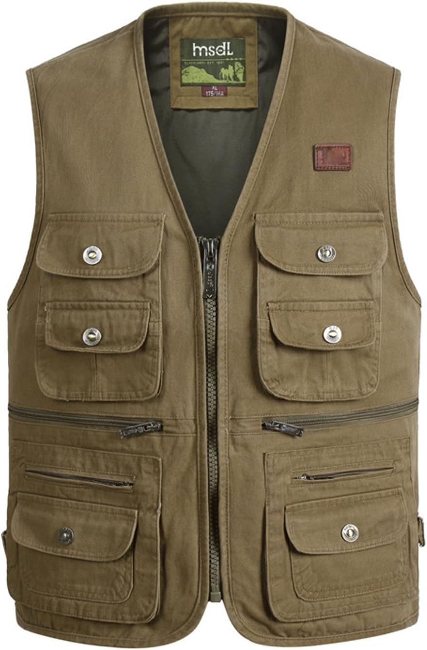 Flygo Men' 100% Cotton Outdoor Multiple Pockets Safari Fishing Journalist Vest Waistcoat (Medium, Army Yellow)