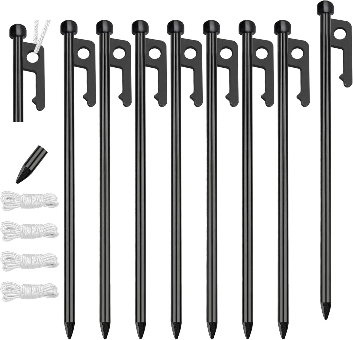 Eurmax USA 10 inch Multiuse Heavy Duty Steel Tent Stakes Tarp Pegs Camping Stakes for Outdoor Camping Canopy and tarp with 4 Ropes 10FT Length,8pcs(Black)