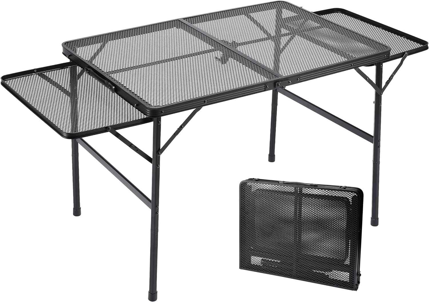 Family Camping Table with 2 Side Shelves, Folding Metal Grill Table, Large Metal Mesh Table Top, 2 Adjustable Heights, Picnic Table/Outdoor Table with Wing Panels Side Shelf(4.5ft, Black)