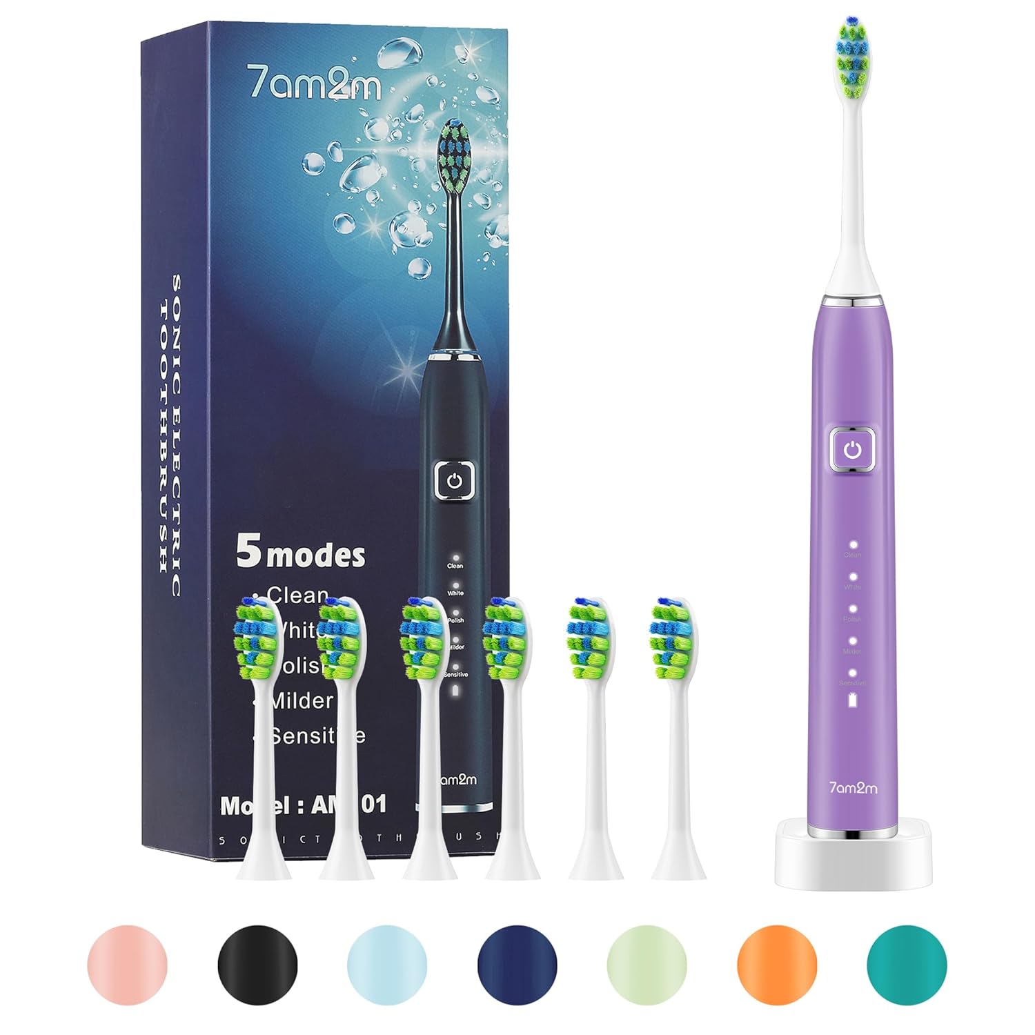 7AM2M Sonic Electric Toothbrush with 6 Brush Heads for Adults and Kids, One Charge for 90 Days, Wireless Fast Charge, 5 Modes with 2 Minutes Built in Smart Timer, Electric Toothbrushes (Purple)