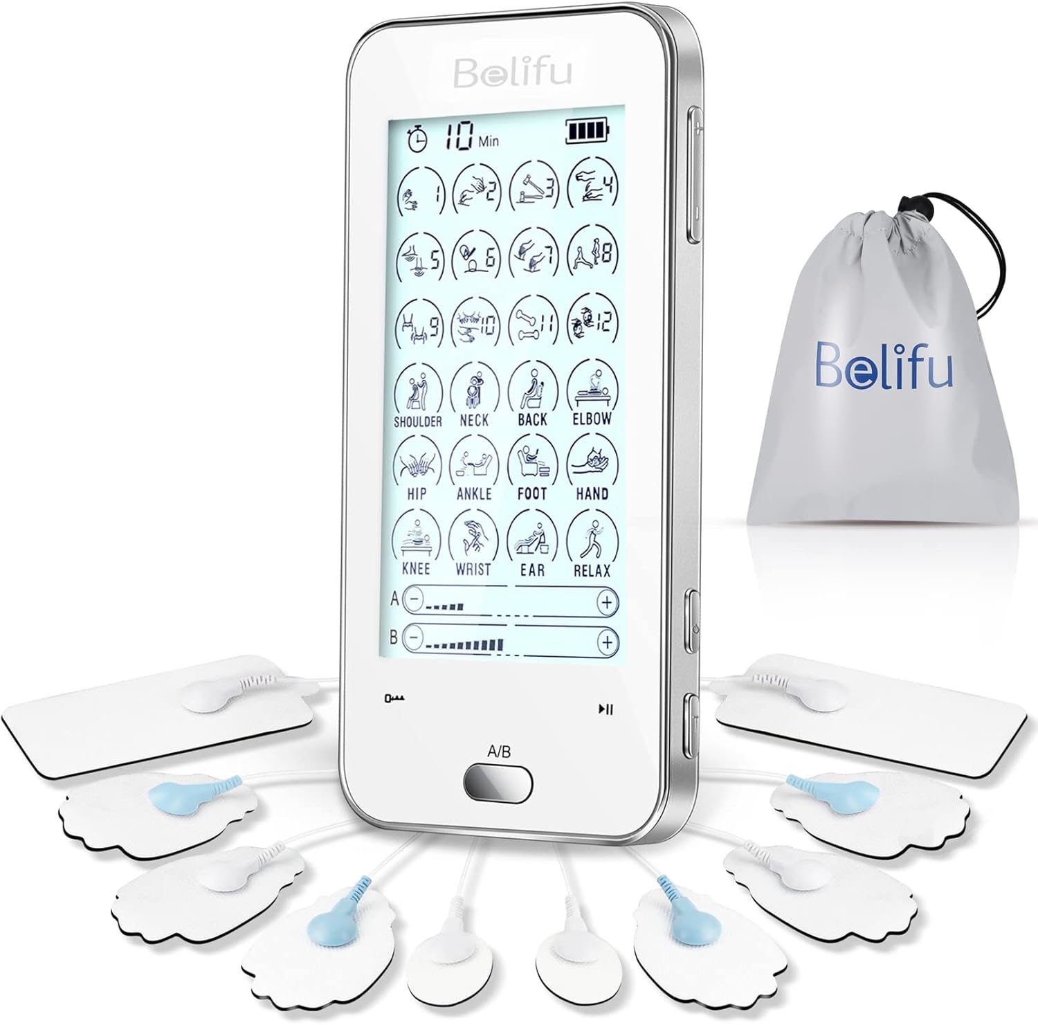 Belifu Tens Unit Muscle Stimulator Independent 24 Modes, Pulse Massager Touchscreen Tens EMS Machine for Neck Back Arms Chronic Pain Relief Sciatica Tendonitis Plantar Body Building