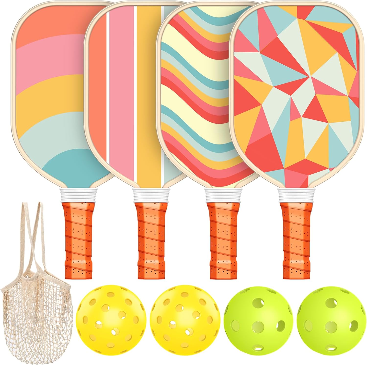 Pickleball Paddles Set of 4, Premium Wood with 4 Indoor & Outdoor Pickleball Balls and 1 Carry Bag, Pickleball Rackets with Ergonomic Cushion Grip for Beginner & Intermediate Gifts for Women Men Youth