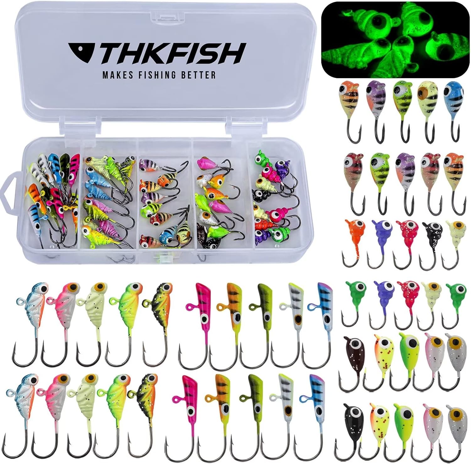 THKFISH Ice Fishing Jigs Kit Ice Fishing Lures for Walleye Perch Jigs Heads for Ice Fishing Tackle Panfish Crappie Jigs 50PCS/31PCS