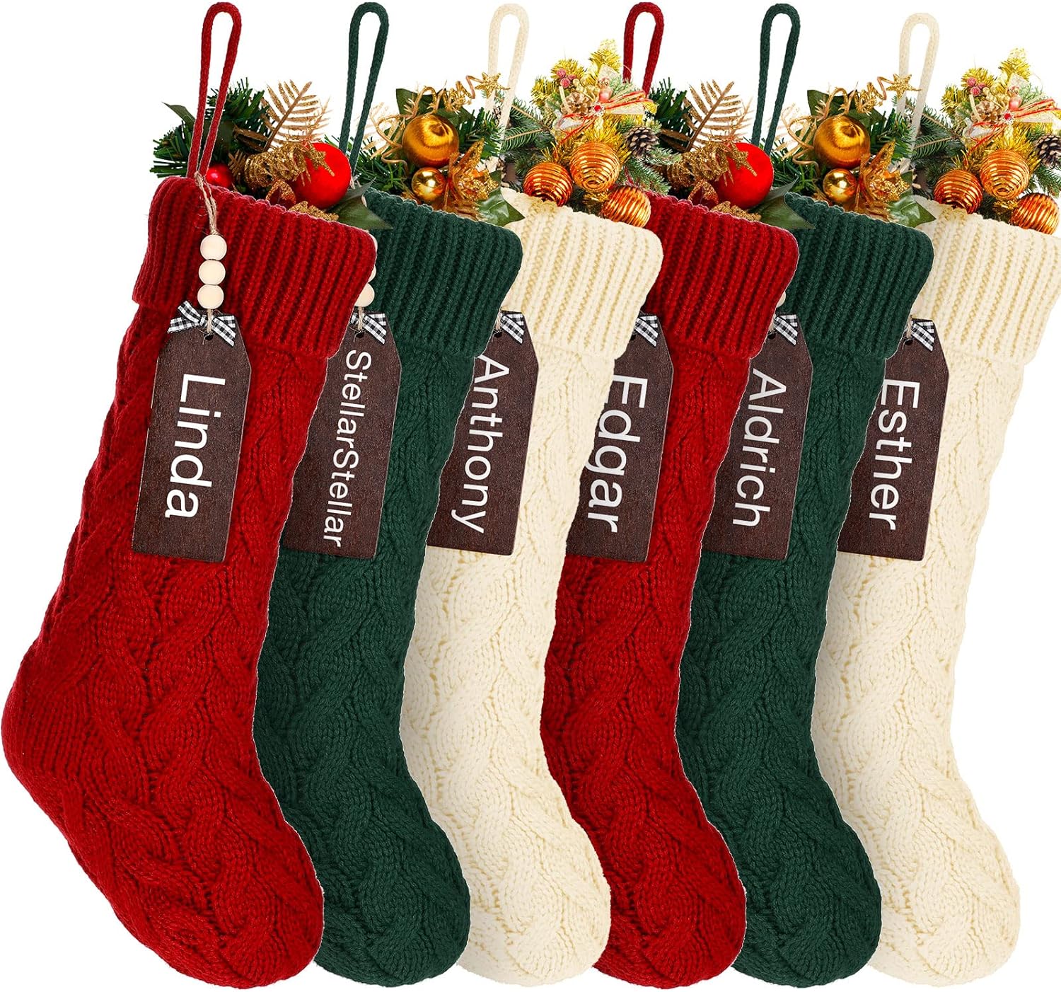 Zubebe 6 Set Knit Christmas Stocking with Name Tags 18 Large Cable Knitted Xmas Stocking Decorations Personalized Christmas Stocking for Farmhouse Family Holiday Xmas Party