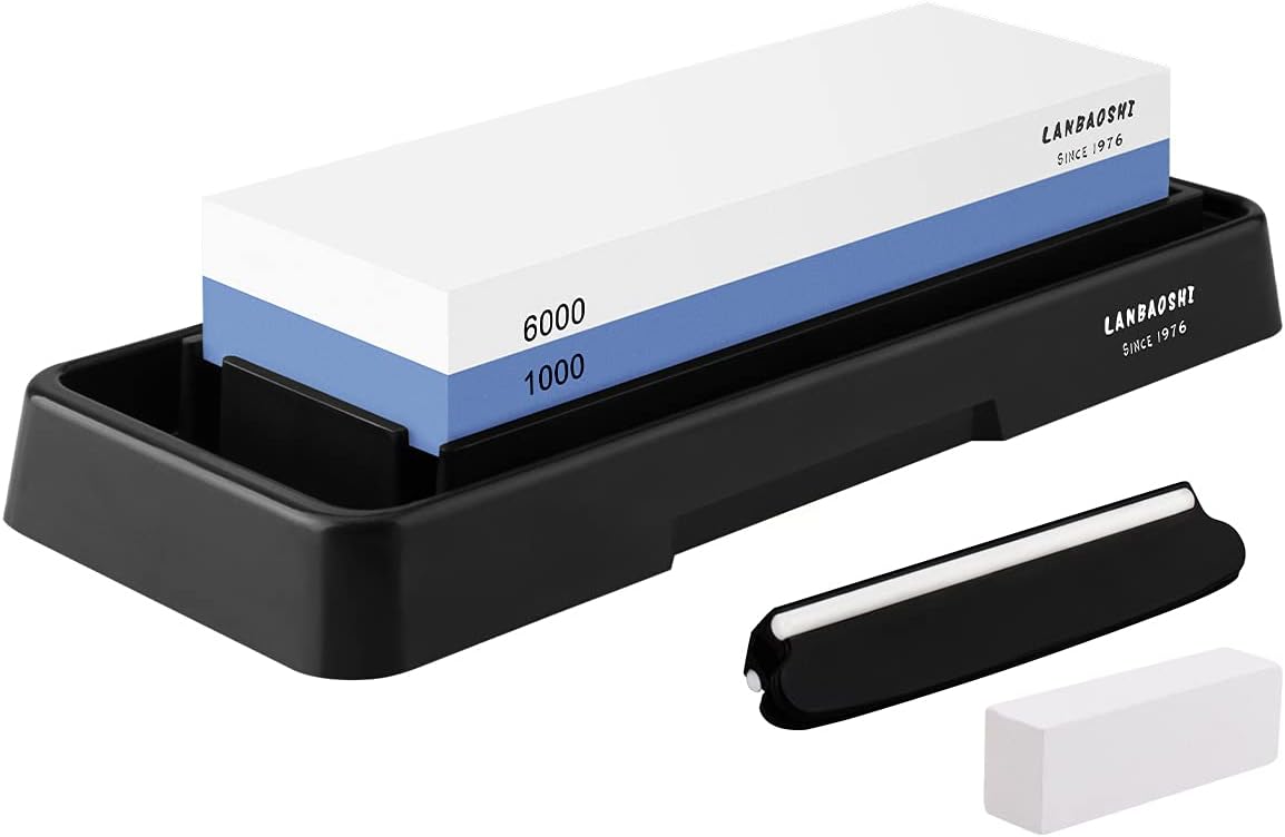 Knife Sharpening Stone Set,Whetstone Dual Sided 1000/6000 Grit Waterstone with Angle Guide Non Slip Rubber Base Holder, Knife Sharpeners Tool Kit for Kitchen Hunting (Blue + black)