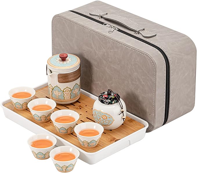 fanquare White Travel Tea Set, Chinese Kungfu Tea Set with Bamboo Tea Tray, Porcelain Teapot with 6 Tea Cups, Portable Bag