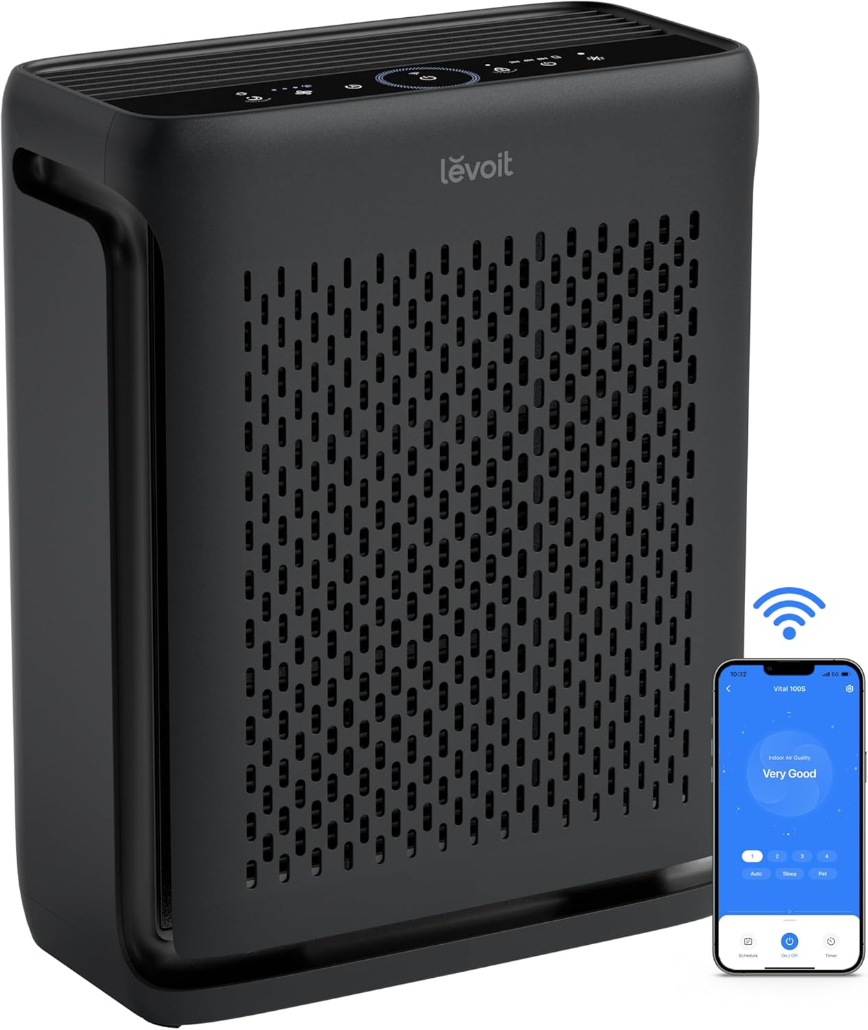 LEVOIT Air Purifiers for Home Large Room Bedroom Up to 1110 Ft with Air Quality and Light Sensors, Smart WiFi, Washable Filters, HEPA Sleep Mode for Pets, Allergies, Dust, Pollon, Vital 100S-P, Black