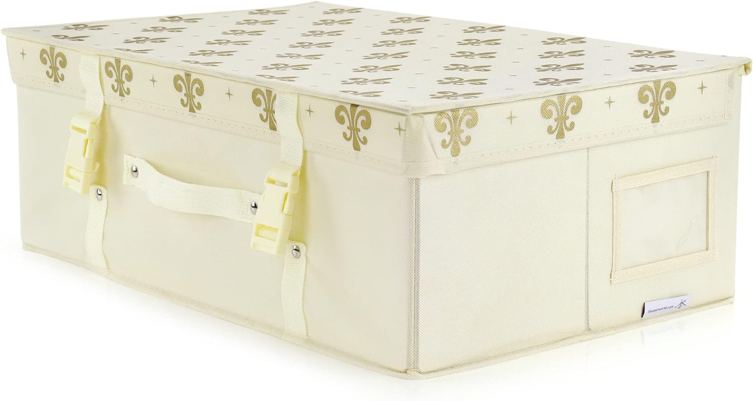 HANGERWORLD Wedding Dress Storage Box with Acid Free Tissue - Medium, Ivory Gold Fleur de Lis Pattern