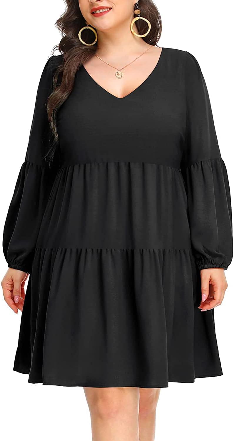 Pinup Fashion Women' Plus Size Fall Tunic Dress Long Sleeve V Neck Casual Shift Babydoll Loose Flowy Swing Ruffle Dresses