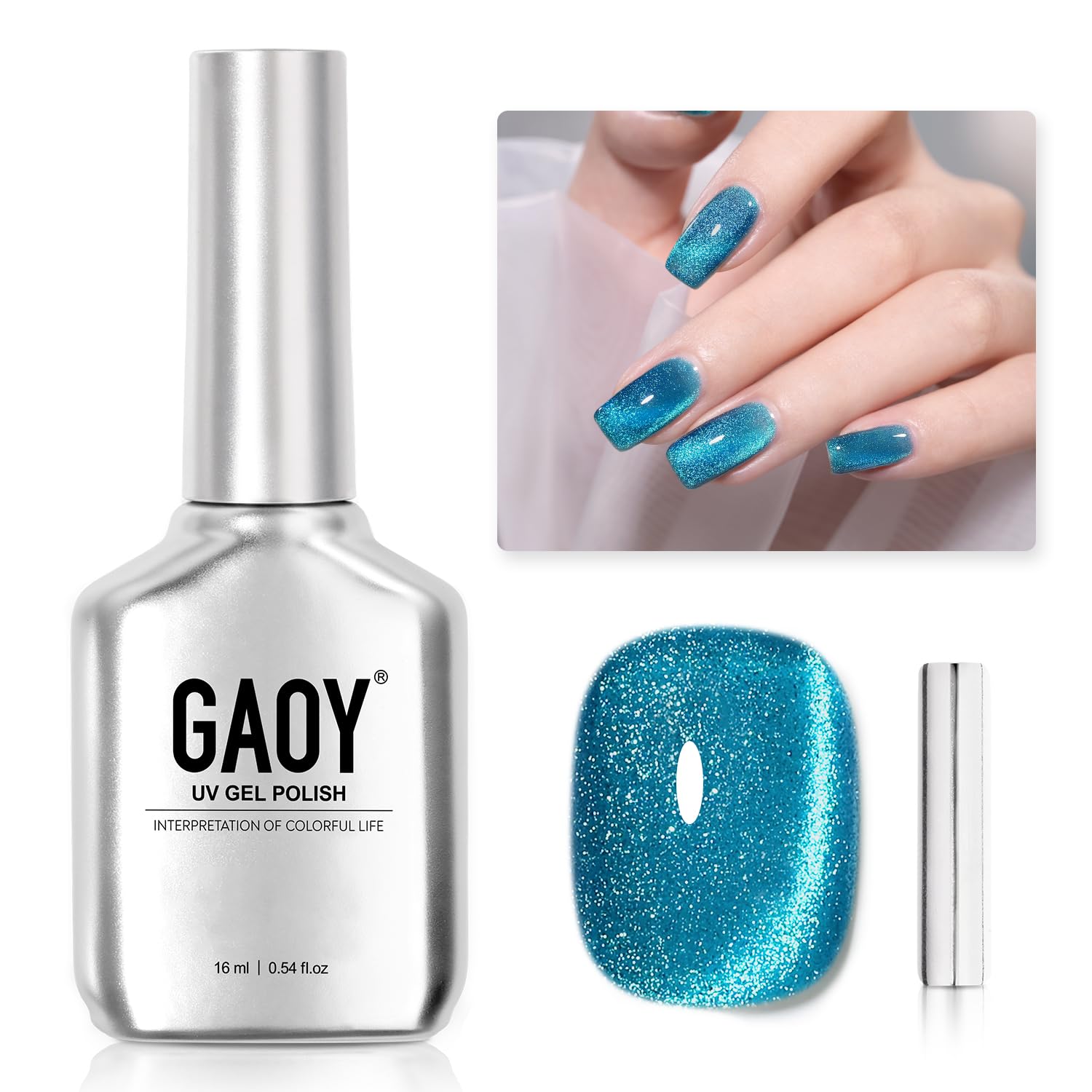 GAOY Blue Glassy Cat Eye Gel Nail Polish, 16ml Glitter Holographic Nail Polish with Magnet, Reflective Translucent UV Gel, 2153 Blue Tears