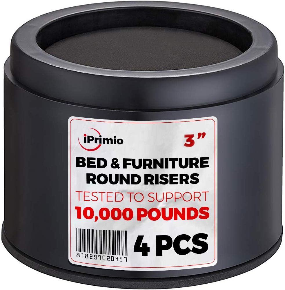 iPrimio Bed Risers 3 Inch Lift, Round, Heavy Duty, 4 Pack, Up to 10000lbs - Bed Raising Blocks, Furniture Risers - Safe, Sturdy Bed Lifts for College Dorm Rooms, Couches, Tables, Desk Riser