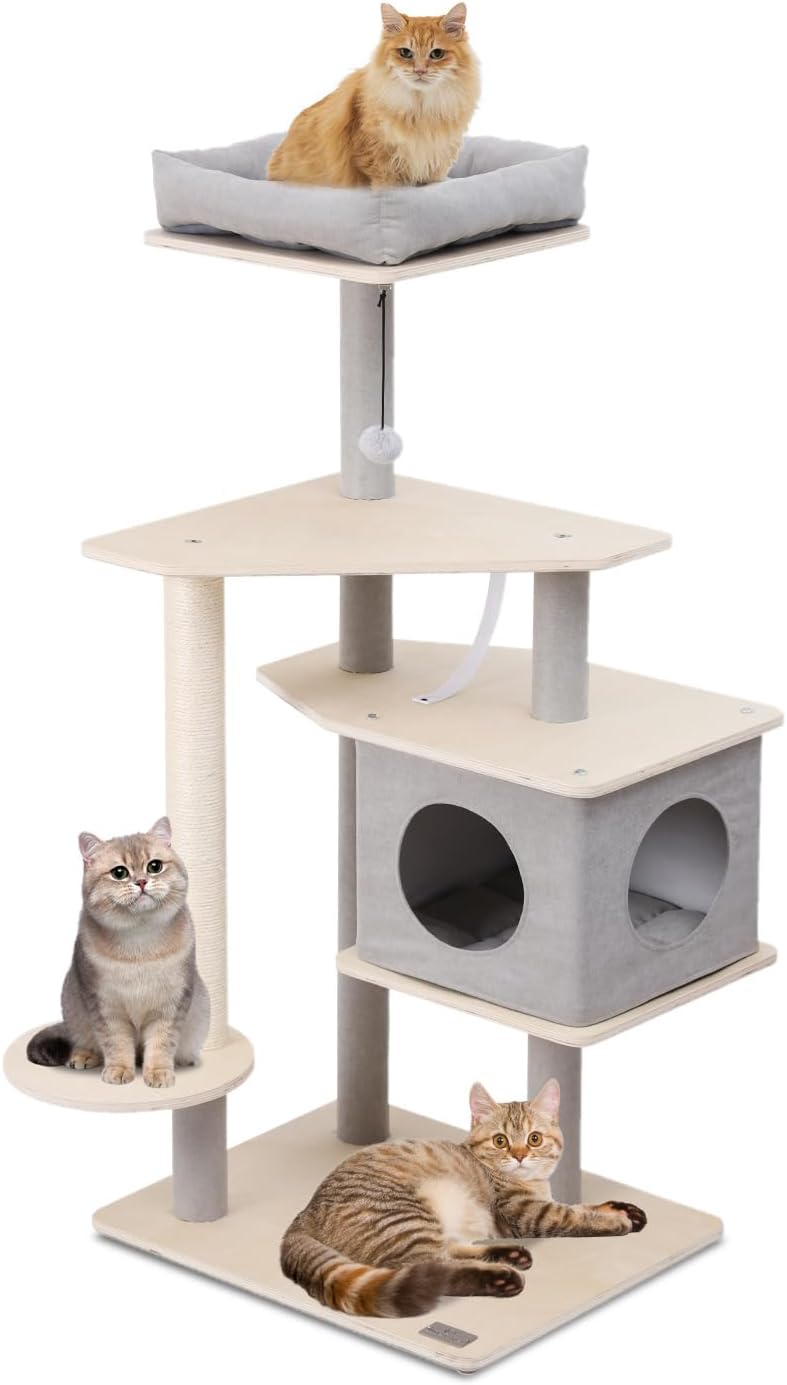 50 Tall Cat Tree for Indoor Cats Modern Grey, Multi-Level Cat Tower with Top Perch, Platforms, Cat Condo, and Scratching Post, Eco-Friendly Wooden Board Cat Tree for Small Large Cats