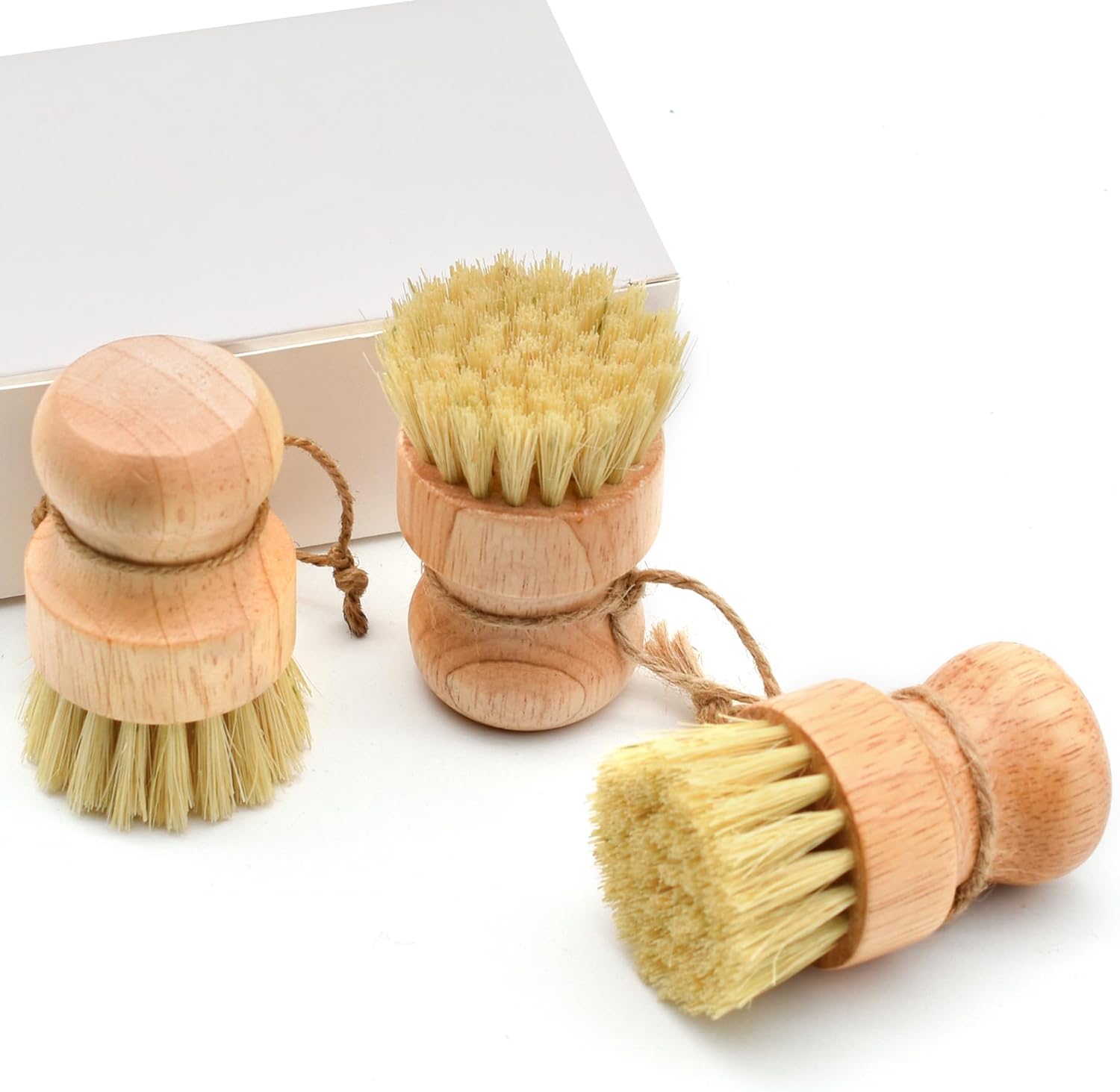 3PCS Bamboo Scrub Dish Brushes for Kitchen- Mini Dish Brush Natural Cleaning Scrubber Set for Washing Cast Iron Pots Pans