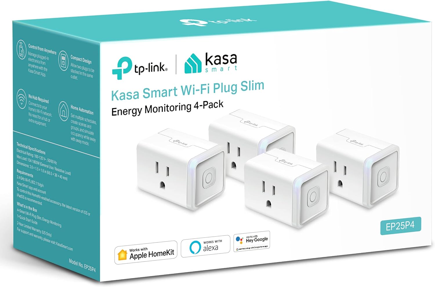 Kasa Smart Plug Mini 15A, Apple HomeKit Supported, Smart Outlet Works with Siri, Alexa & Google Home, UL Certified, App Control, Scheduling, Timer, 2.4G WiFi Only, 4 Count (Pack of 1) (EP25P4), White